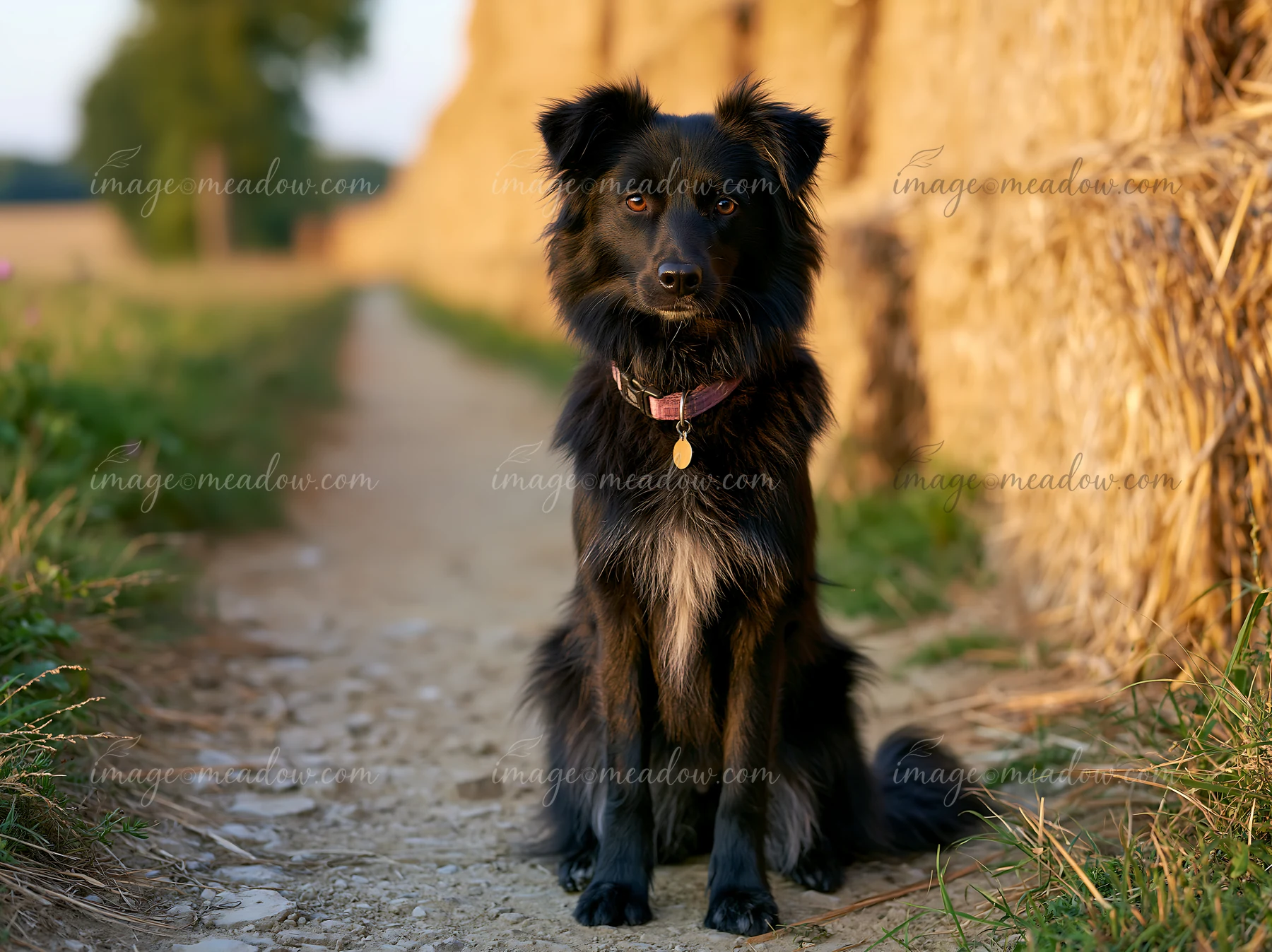 This rare dog breed looks directly at the camera while sitting on a path next to stacks of hay bales.