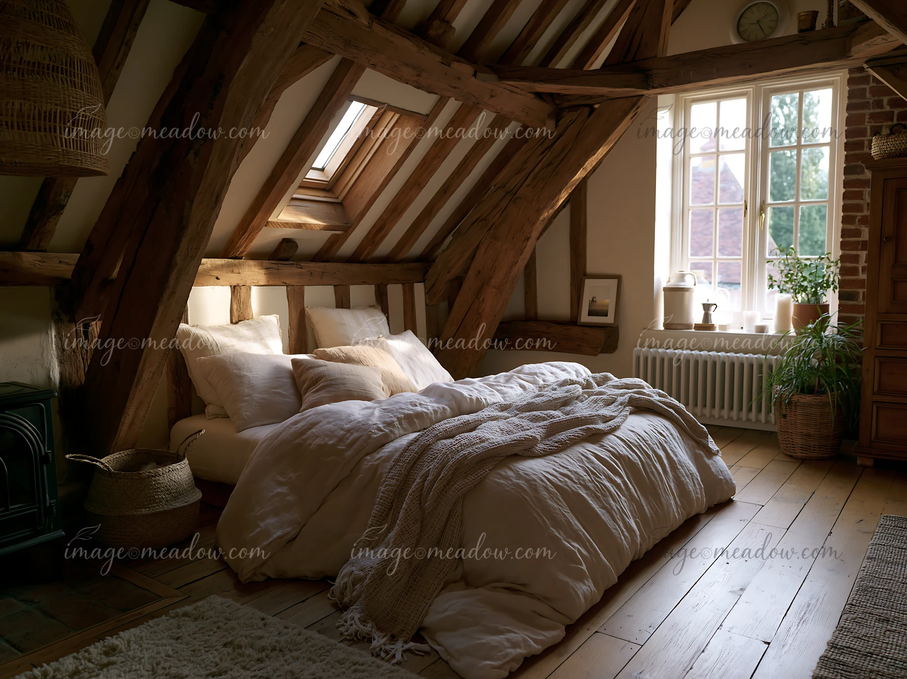 This rustic bedroom features a large bed draped in soft linen bedding.