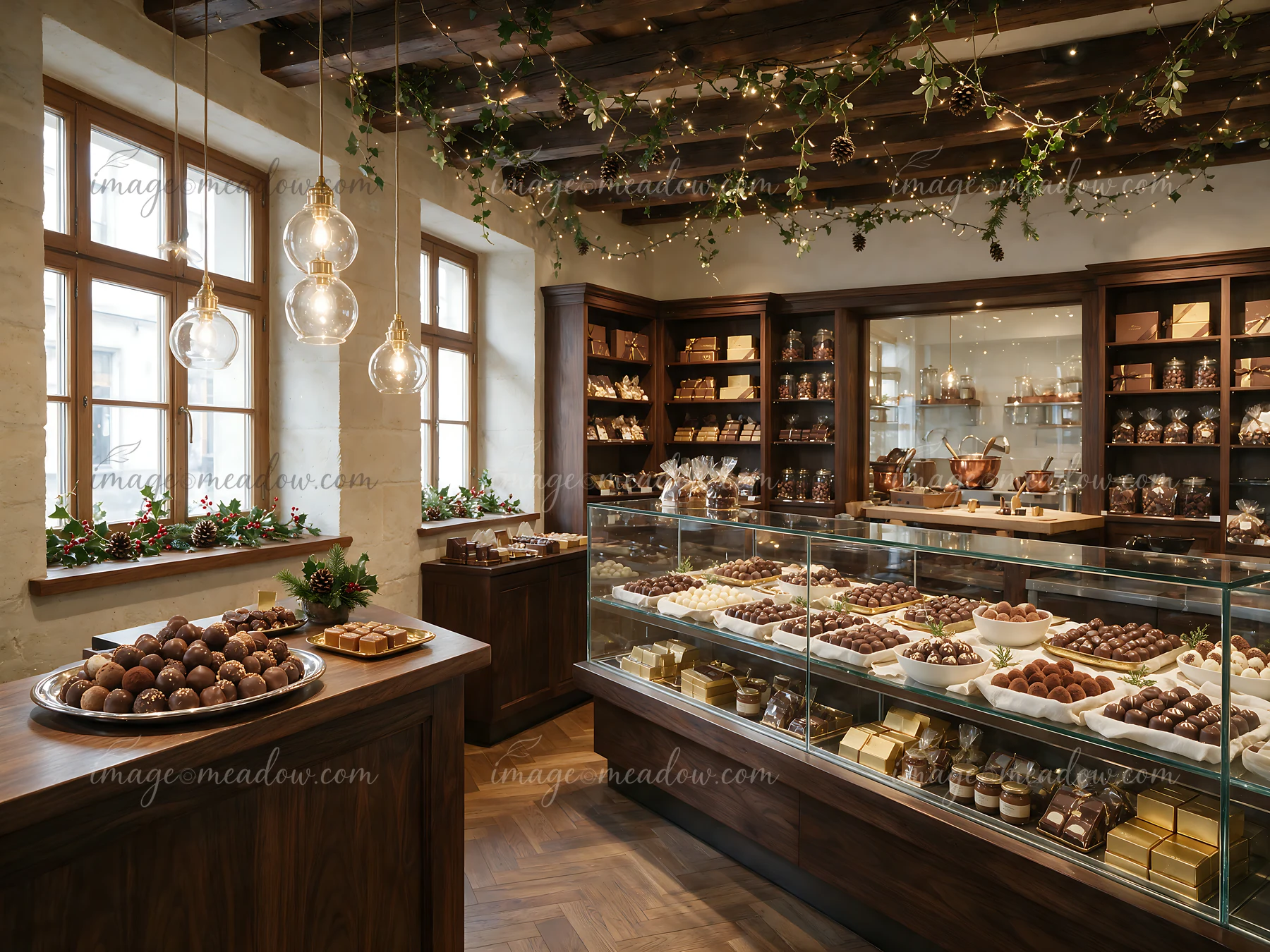 This setting showcases a Swiss chocolate shop interior with neatly arranged chocolates in glass display cases.