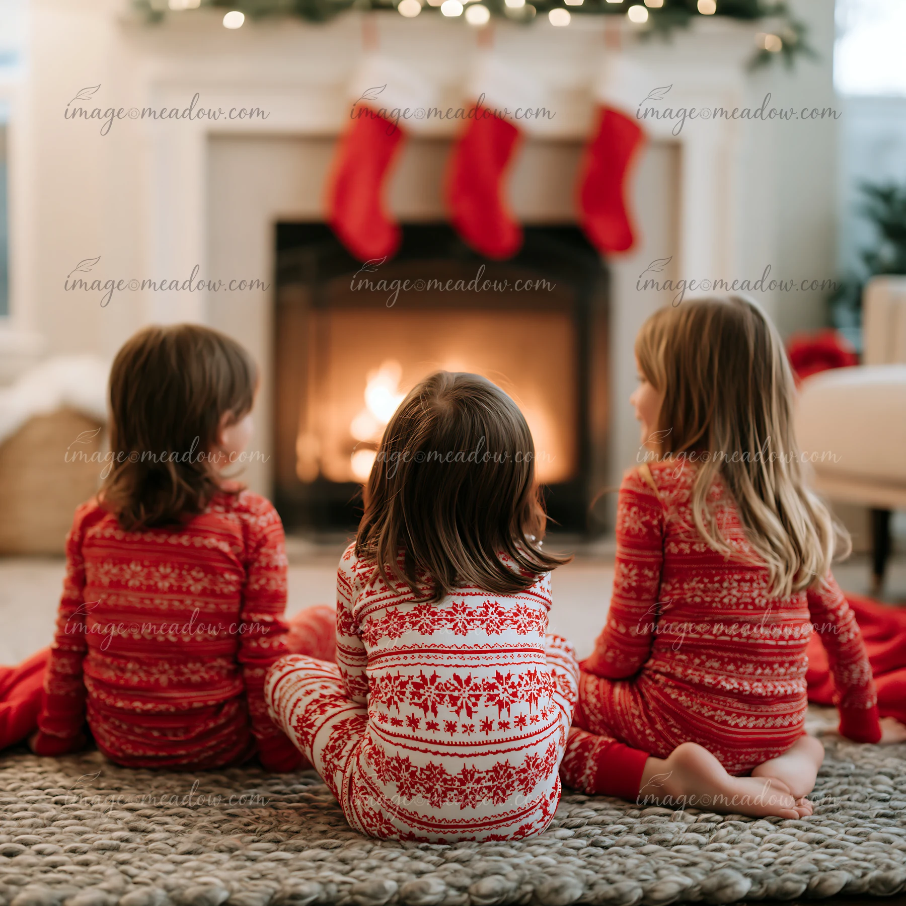 Three children in matching pajamas sit on a rug near a cozy fireplace.
