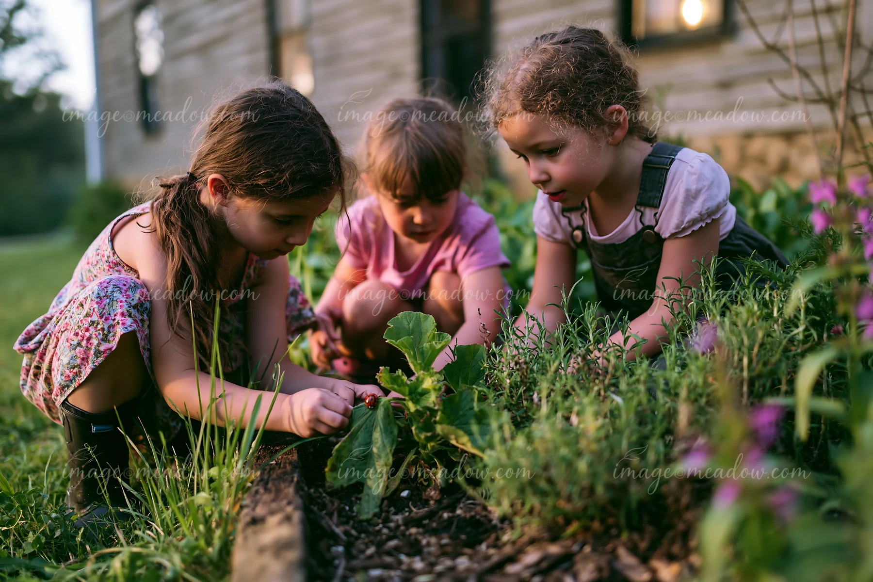 Three children play together in a farmhouse garden, focusing on plants and dirt as they dig and discover.