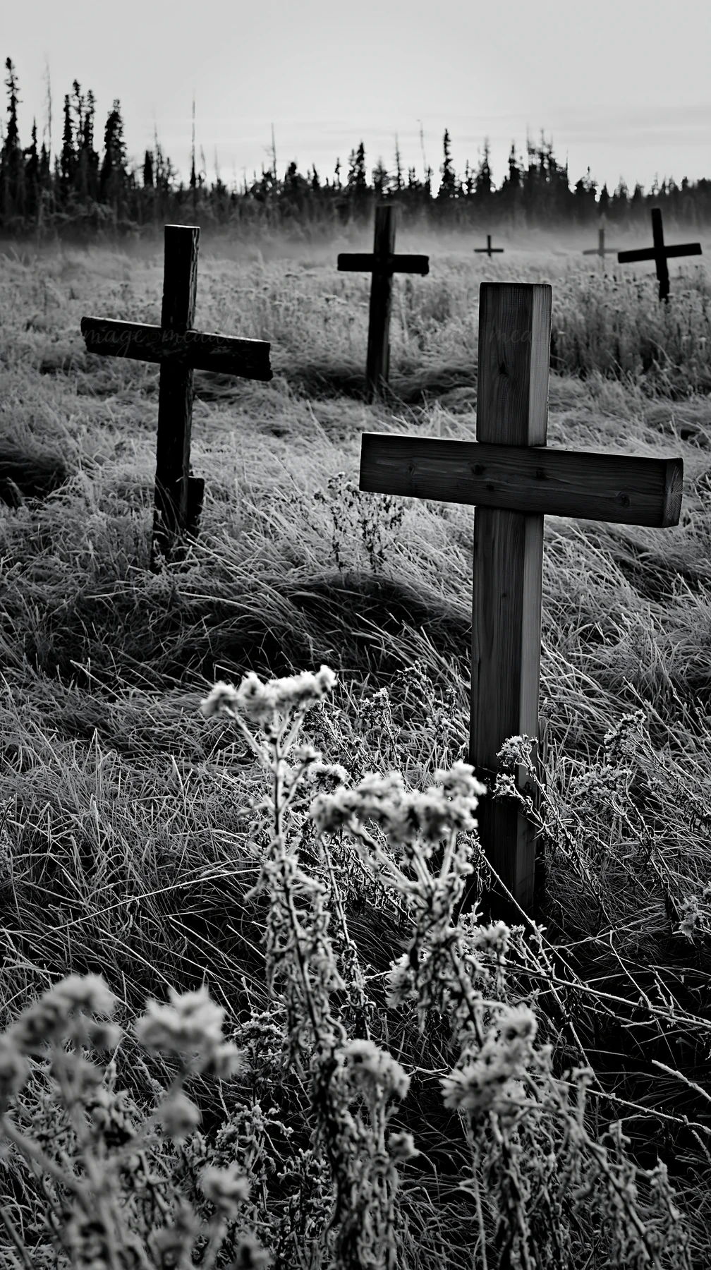 Three rustic crosses stand in a winter meadow. The ground is covered in frost, and tall grass surrounds the crosses. Trees are visible in the background as dusk
