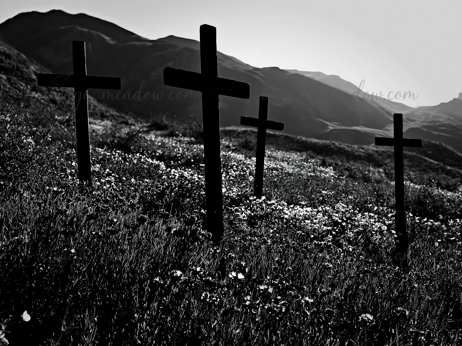 Three rustic crosses are placed in a meadow during Christmas season. The sun sets behind the mountains, casting a backlight that highlights the silhouettes of t