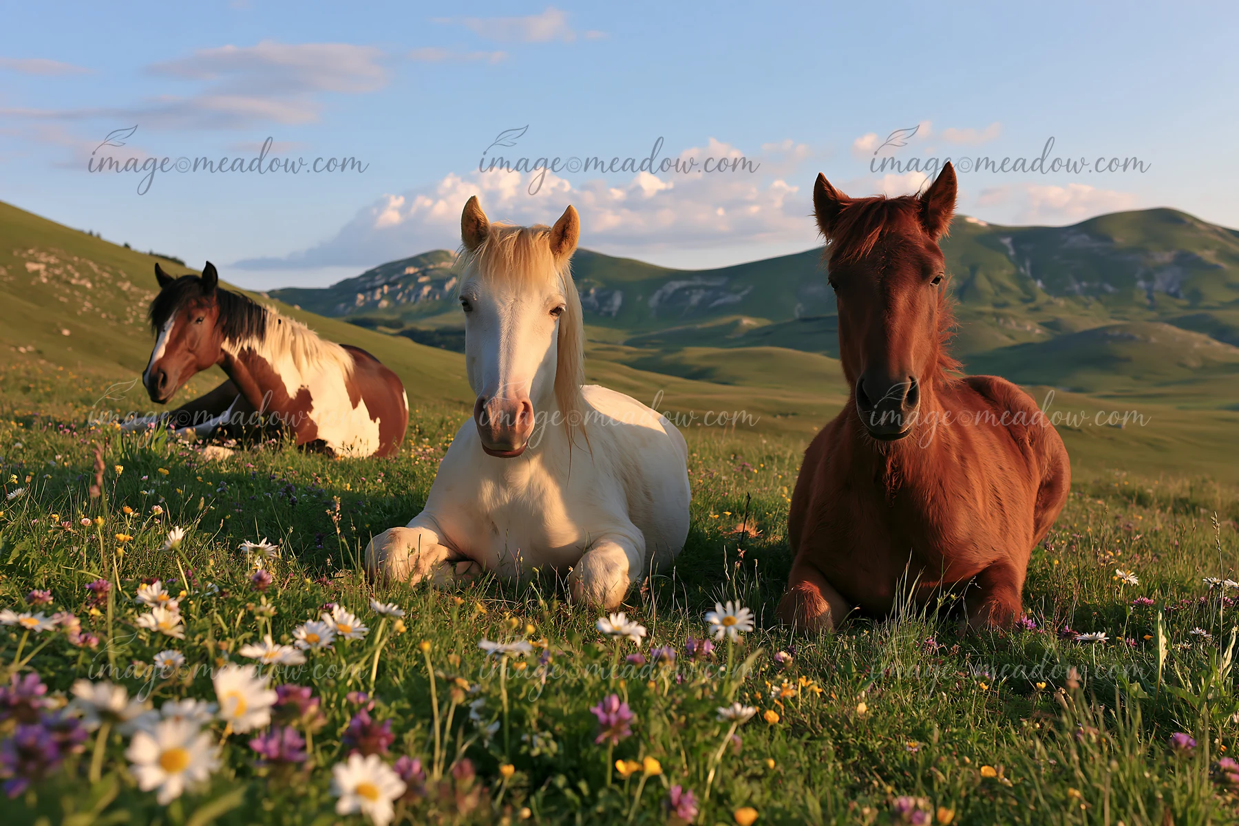 Three wild horses are lying on green grass with flowers around them after running in a meadow.
