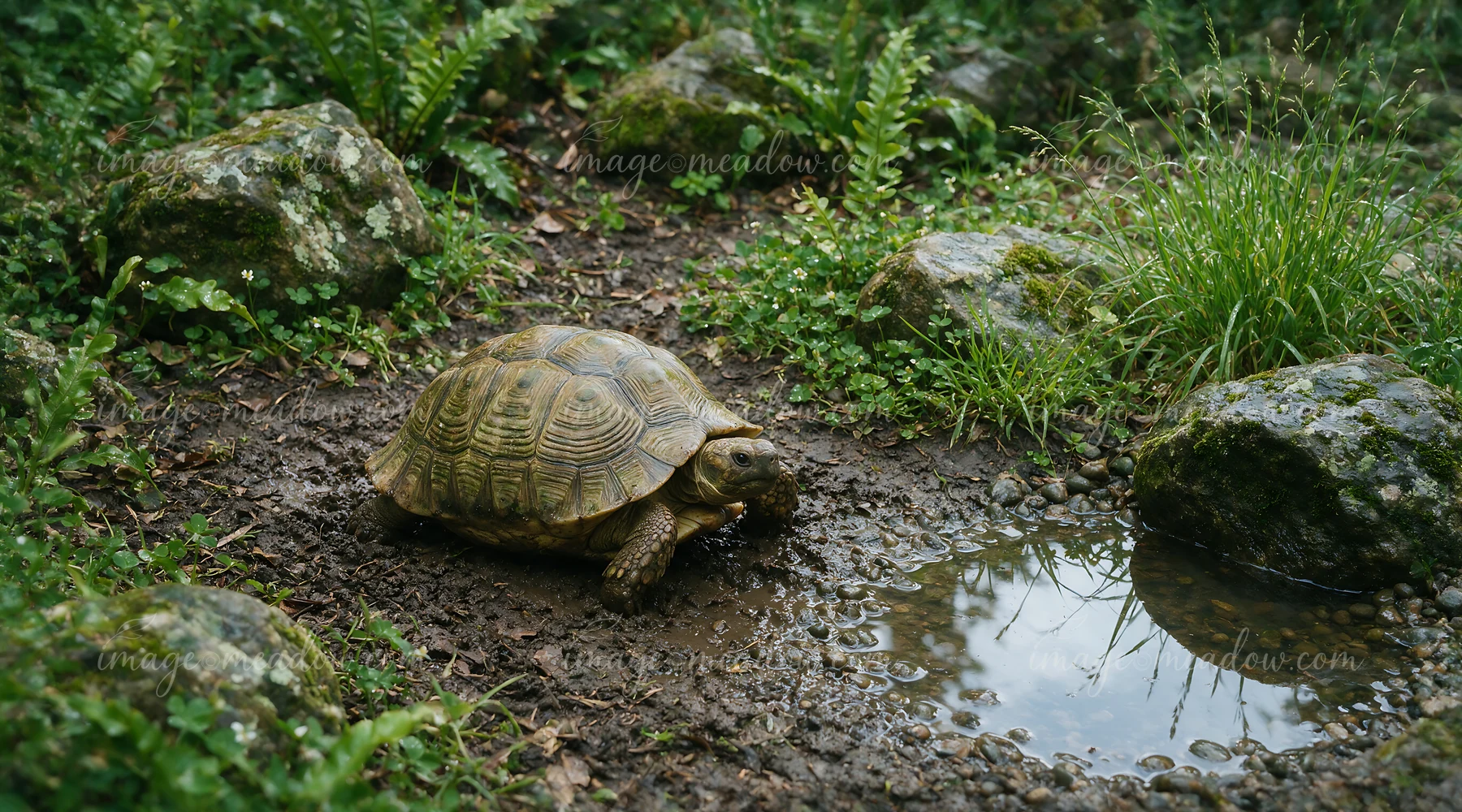 Tortoise beside a shallow pond in a natural enclosure with rocks, muddy ground, grasses, and dense green vegetation.