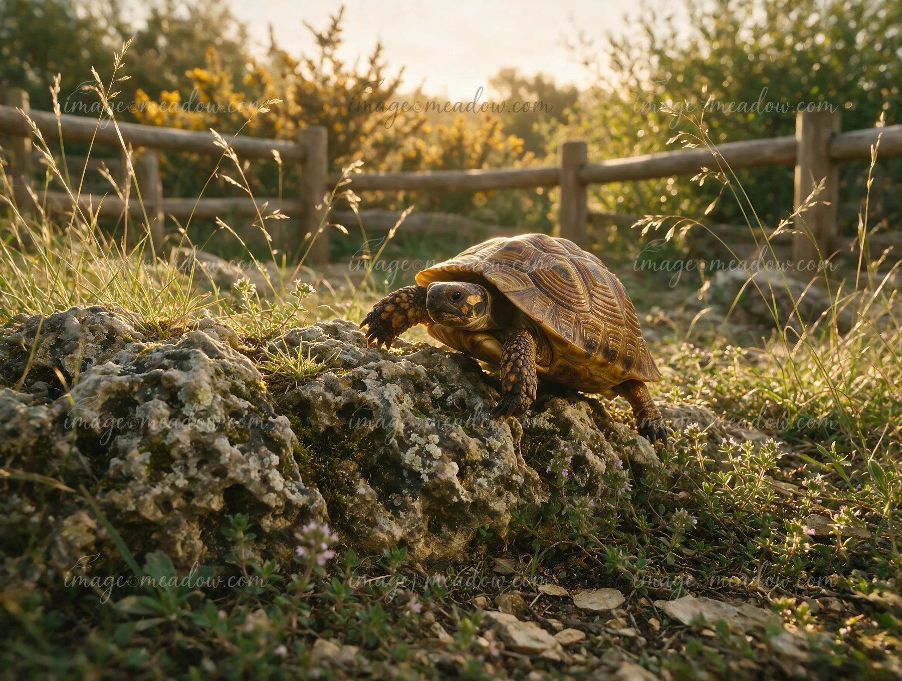 Tortoise crossing rocky ground in a natural enclosure with grasses, plants, and a wooden fence.