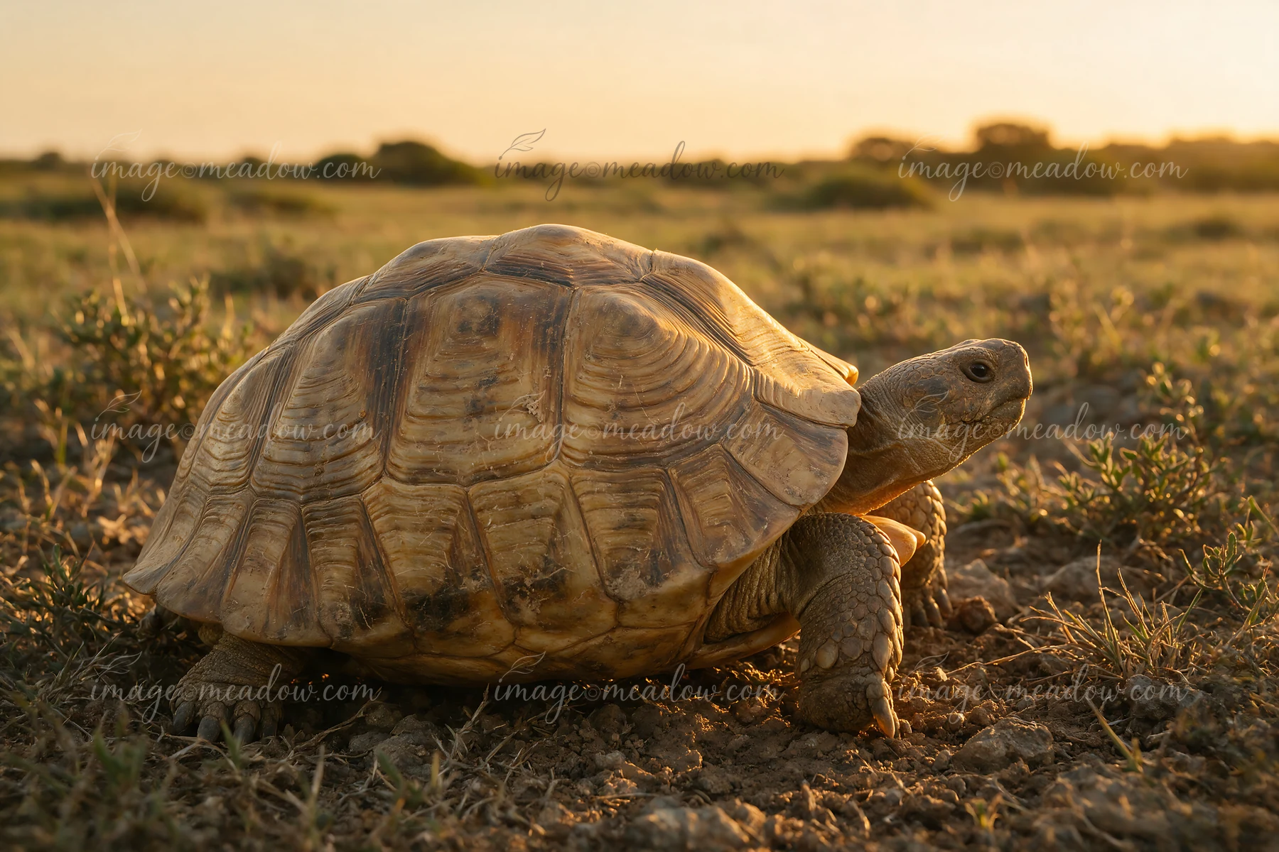 Tortoise with detailed shell patterns walking across dry grassland in warm natural light.