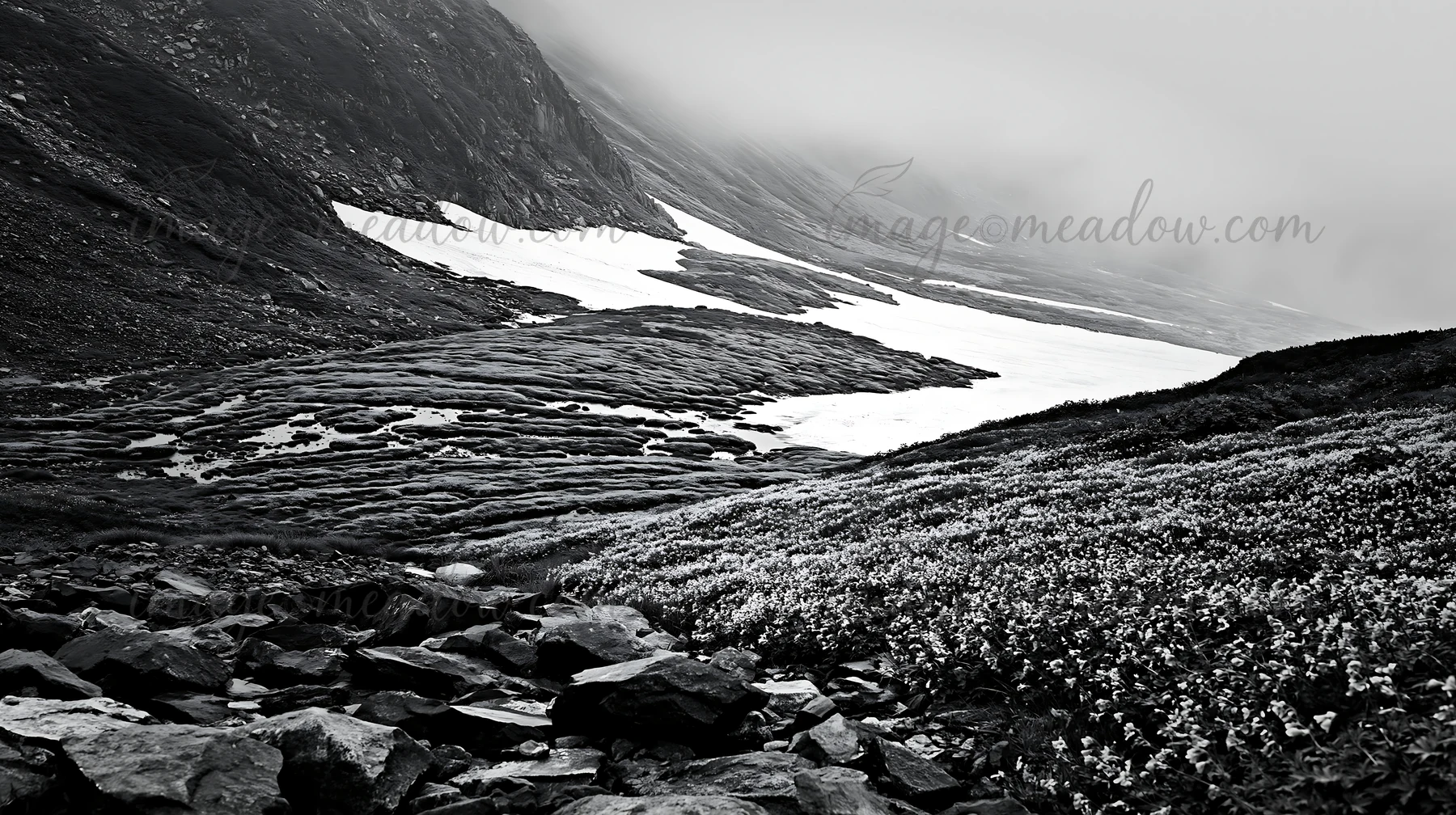 Snowmelt in Toyama alpine meadow shows a mix of rocks and snow under low clouds. The scene captures a natural landscape with varying terrain features during a c