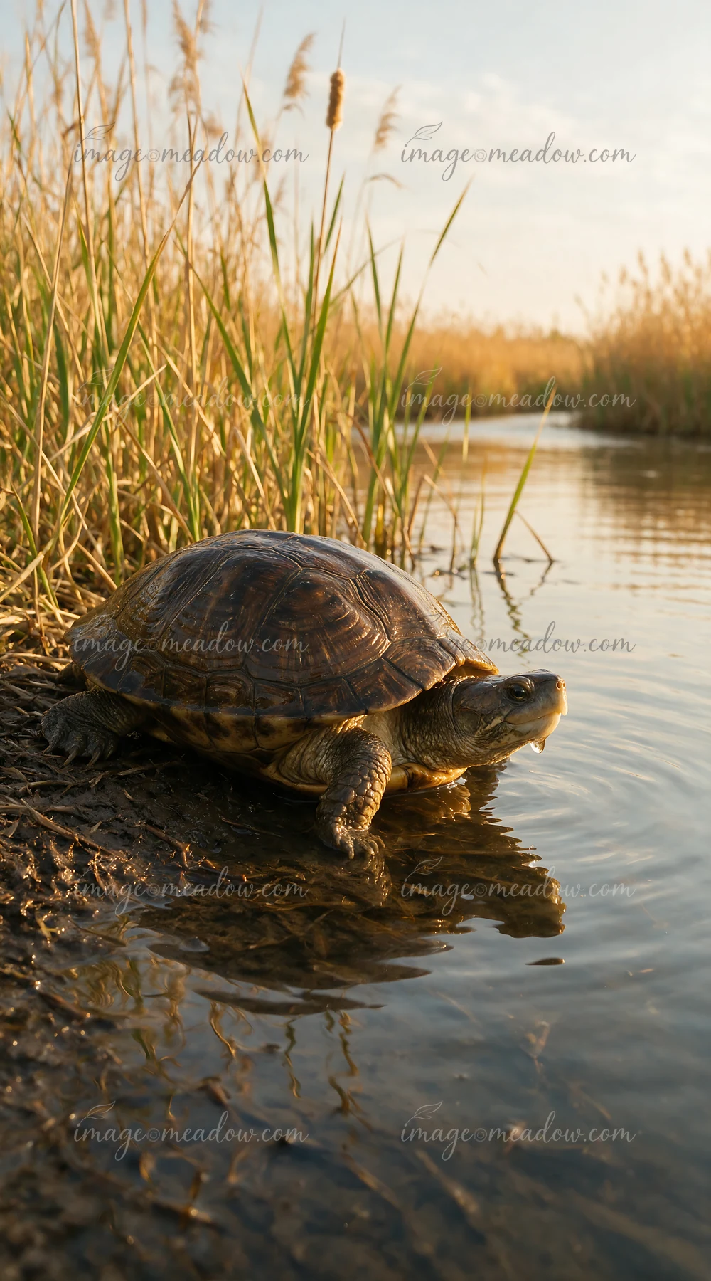 Turtle emerges from calm wetland water beside tall reeds in warm light.