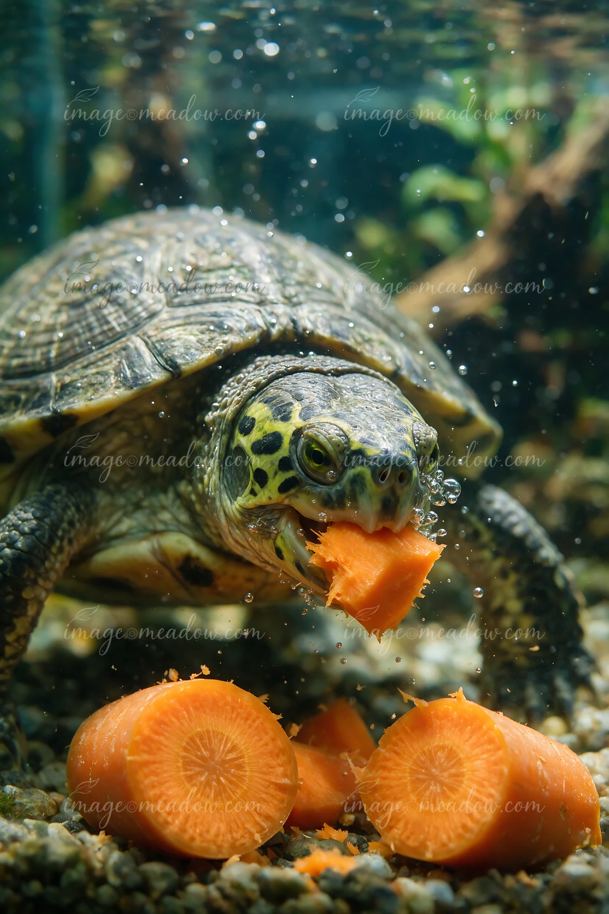 Turtle grips a carrot while feeding underwater in an aquarium surrounded by bubbles, gravel, and aquatic plants.