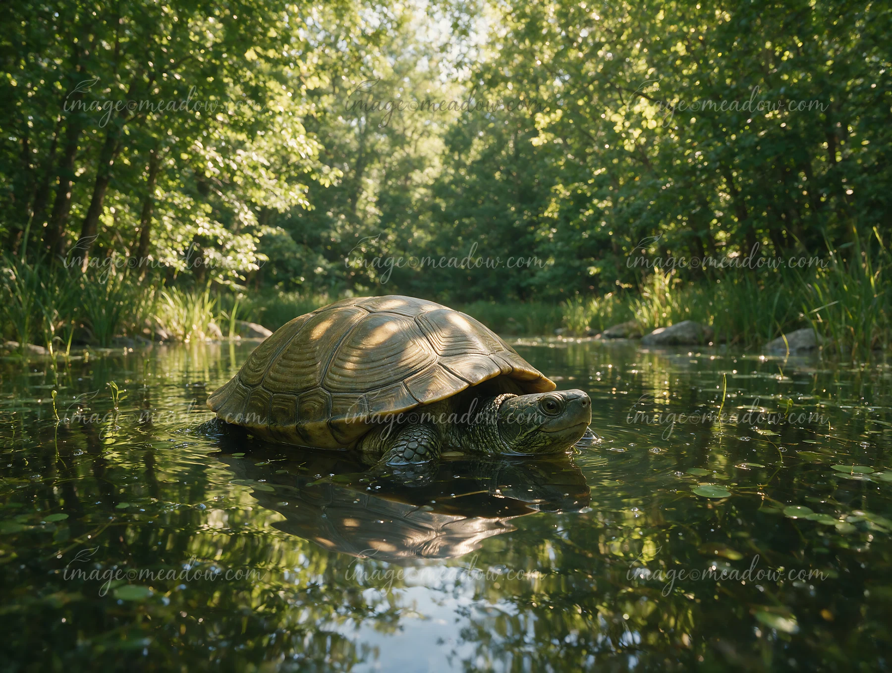 Turtle peeking above calm water in a forest pond surrounded by green vegetation.