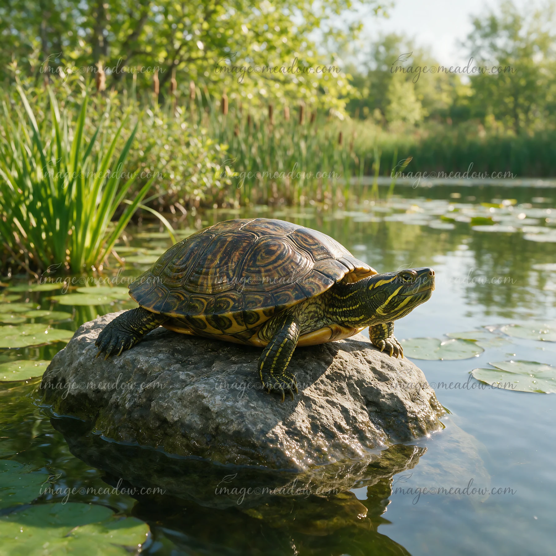 Turtle resting on a rock in a sunlit pond surrounded by reeds and lily pads.