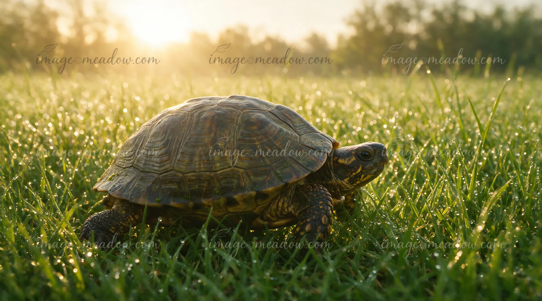 Turtle walking through dew-covered grass in warm golden-hour light.