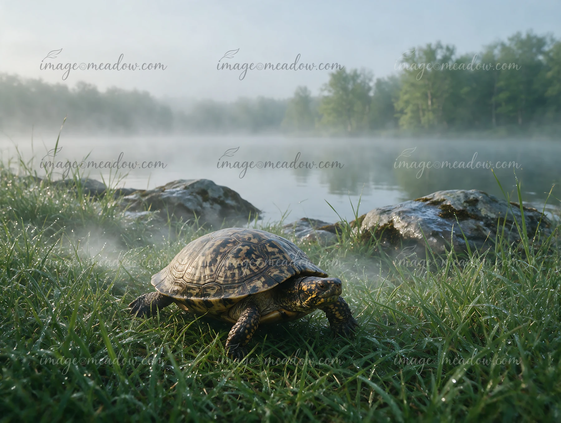 Turtle walking through dew-covered wet grass beside a misty lake with rocks and trees in the background.