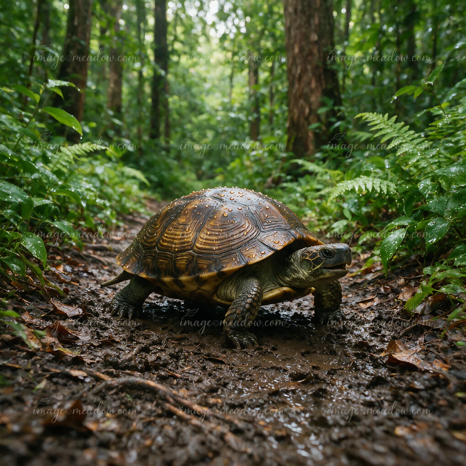 Turtle with a rain-covered shell walking on a muddy trail through lush forest vegetation.