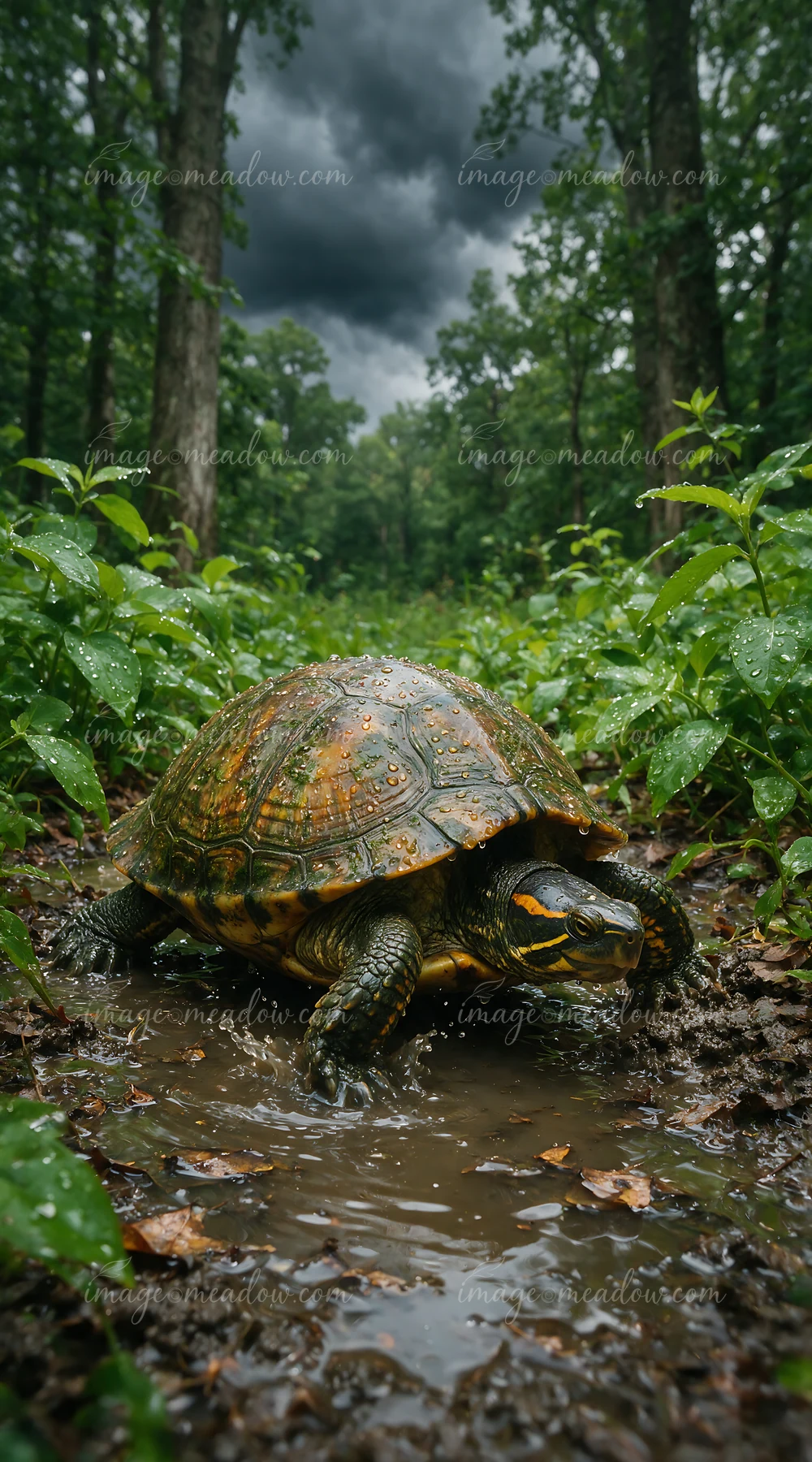 Turtle with a raindrop-covered shell moves through a muddy puddle in a lush forest under storm clouds.