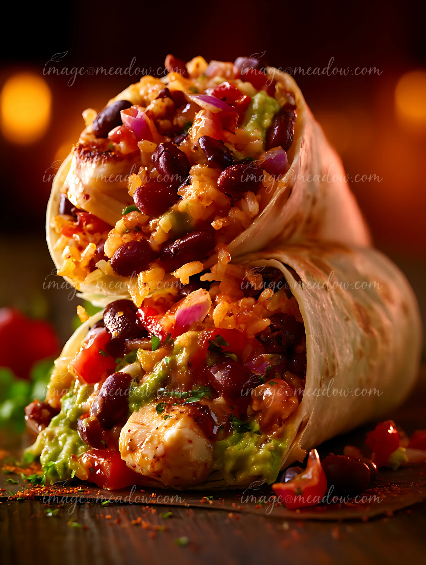 Two burritos are displayed, filled with rice, beans, and a mix of toppings.