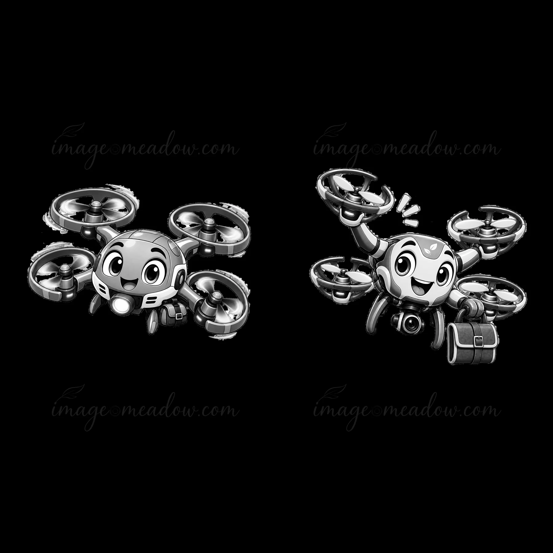 Two cartoon drones are illustrated in black and white. The first drone has a smiling face and is equipped with propellers. The second drone is also smiling and