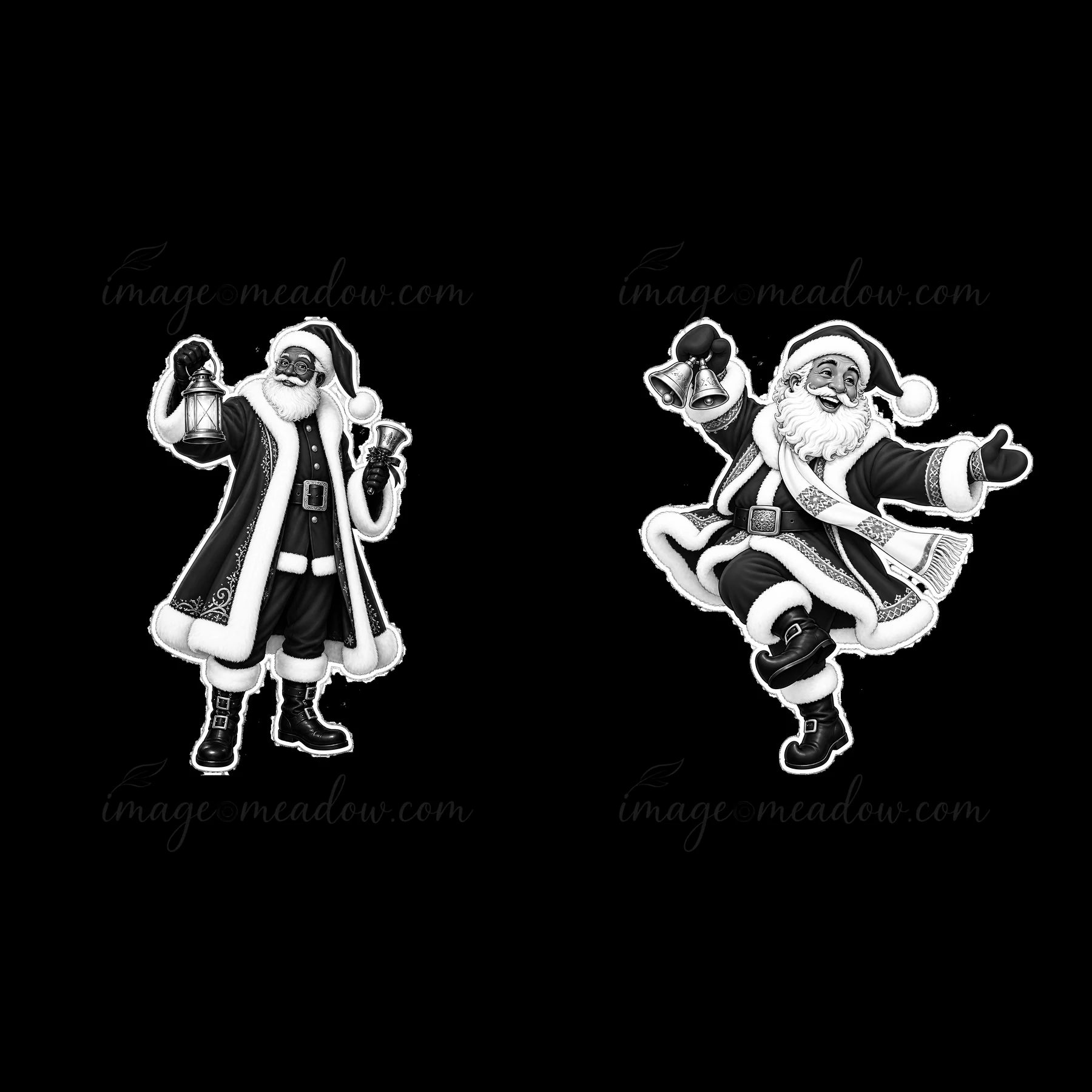 Two cartoon-style Santa Claus figures stand in different poses. One holds a lantern and bell, while the other gestures happily. The black-and-white design highl