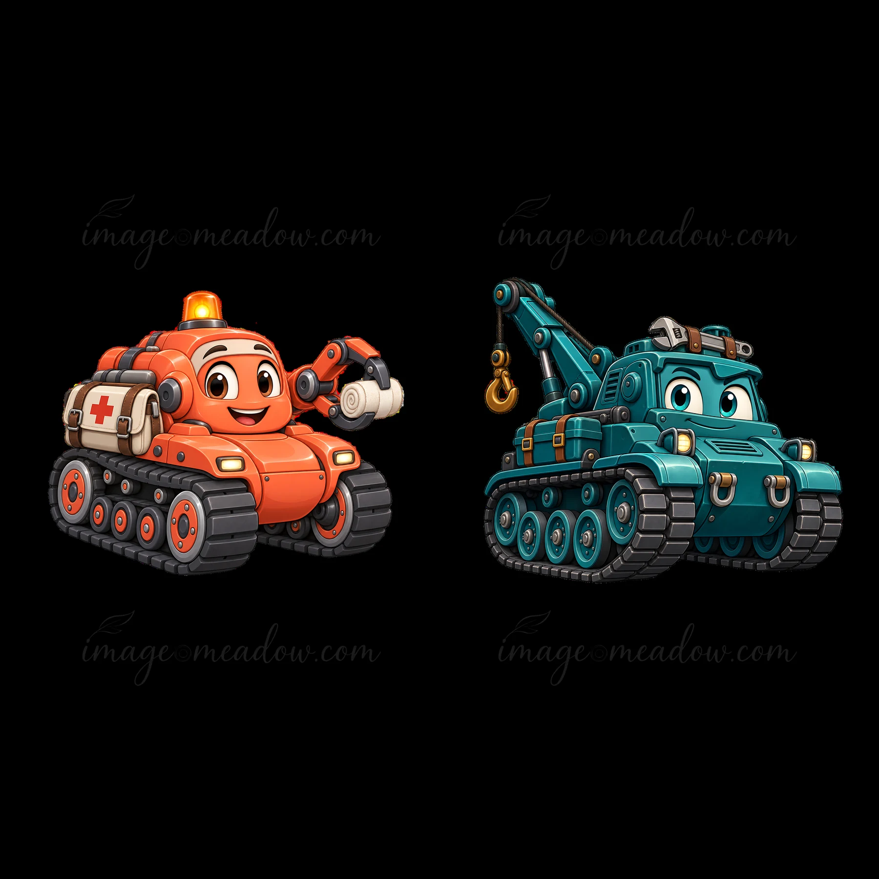 Two cartoon tank characters are shown side by side. One tank is orange with a light and a mechanical arm, and the other is teal with a crane. They appear friend