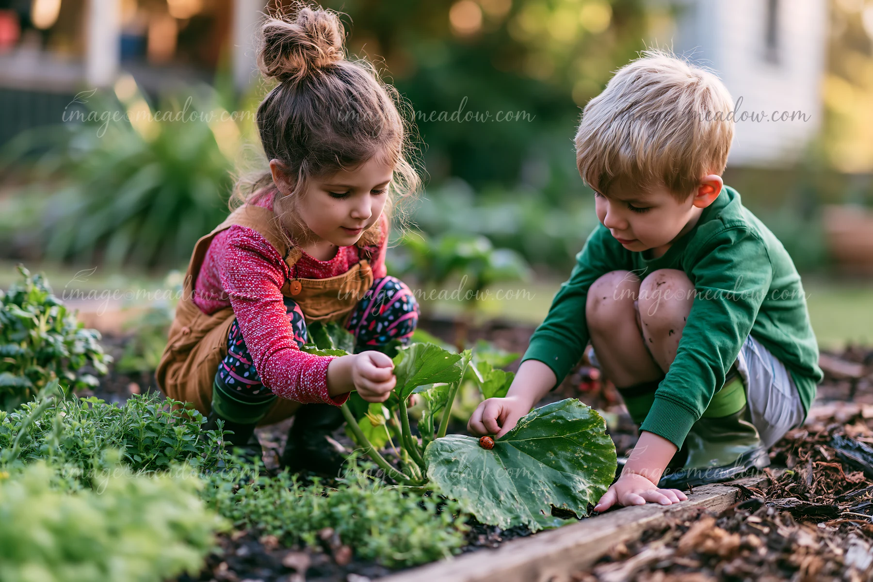 Two children play in a farmhouse garden.