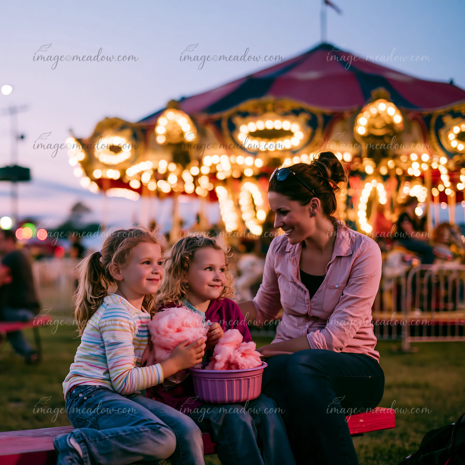 Two children sit on a bench holding a bowl of cotton candy while their mother smiles beside them.