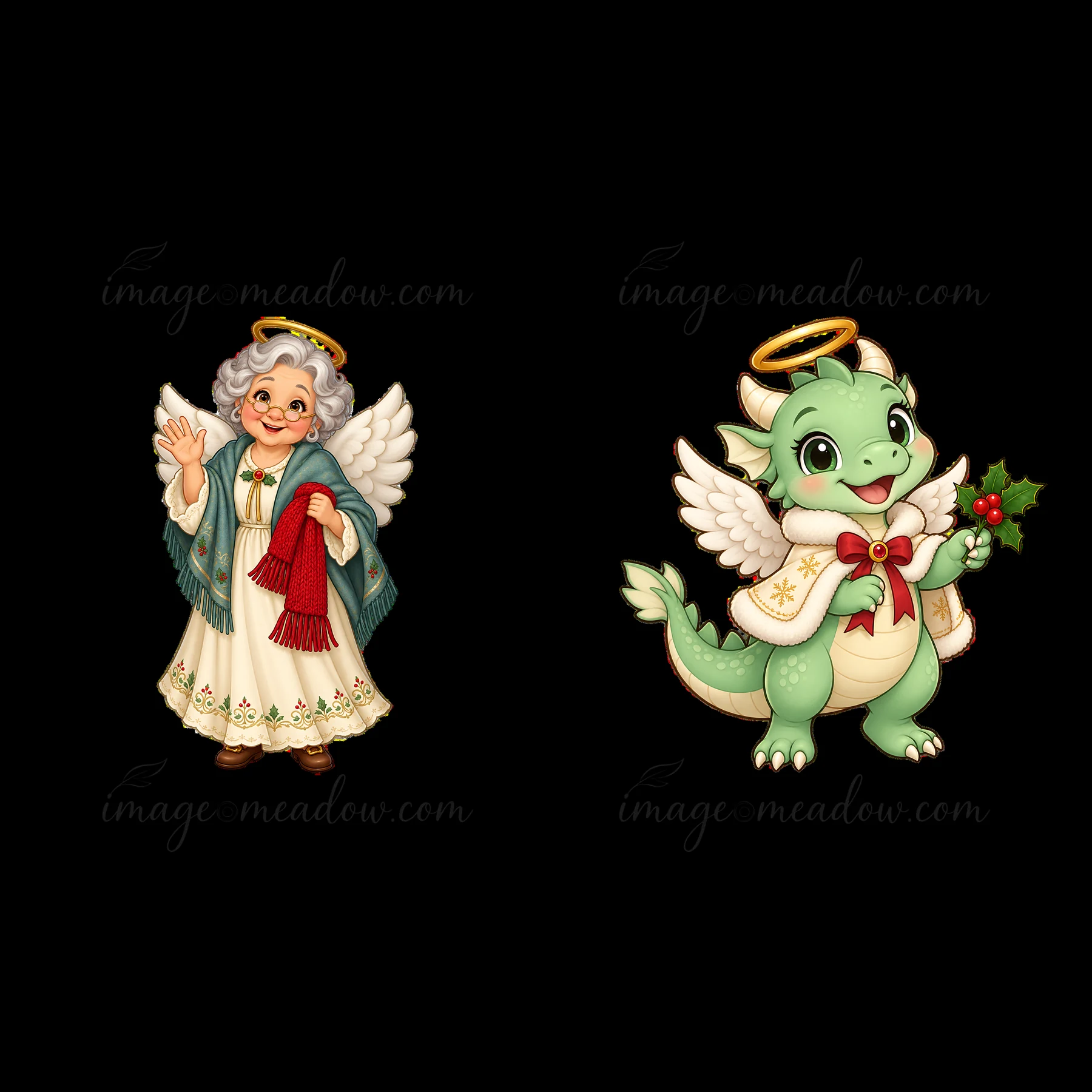 A joyful grandmother angel waves while holding a red scarf. Beside her, a cheerful dragon angel smiles and holds a sprig of holly. Both characters are ready for