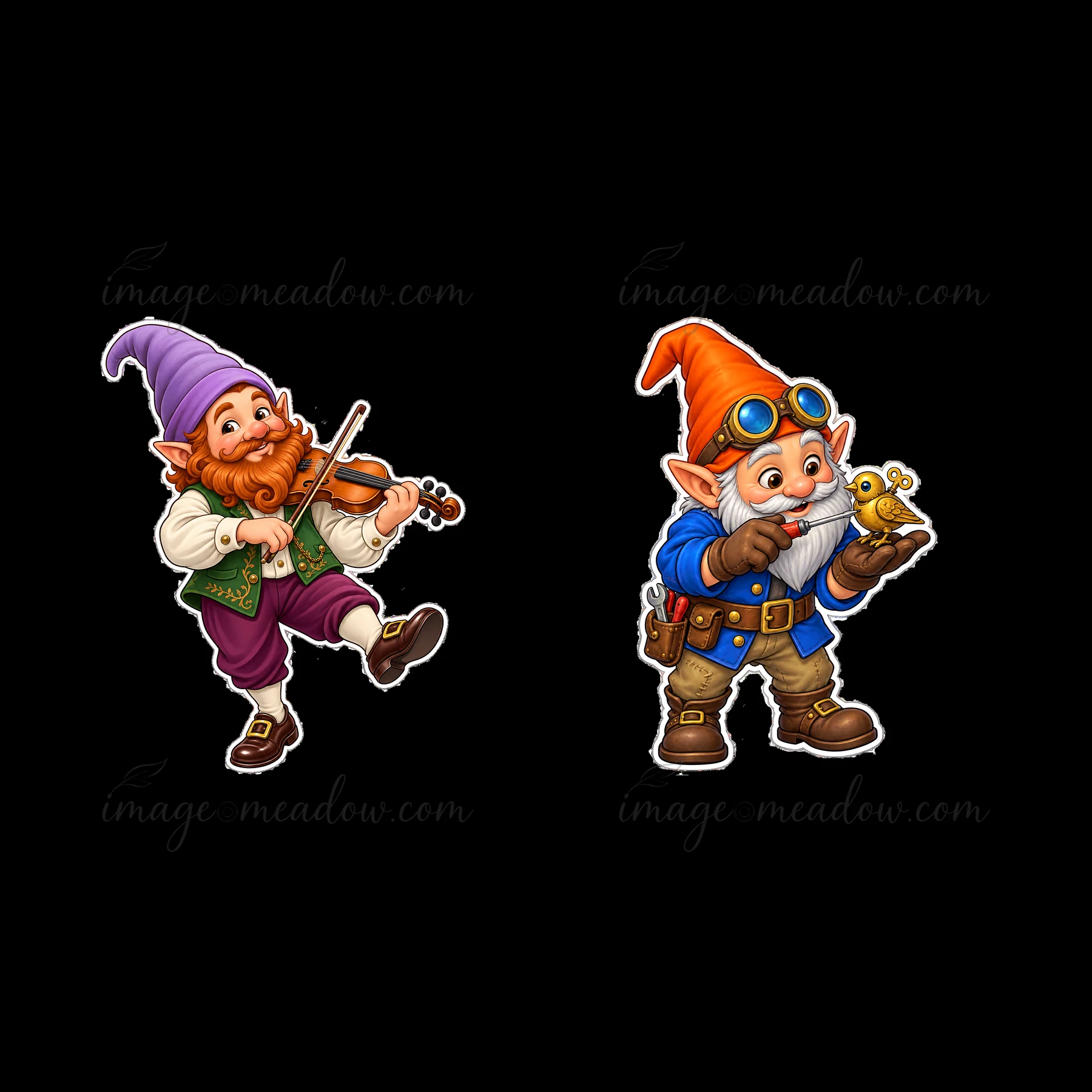 Two gnomes stand side by side. One plays a violin while the other holds a small creature. The gnomes wear colorful hats and have distinct features. The scene il