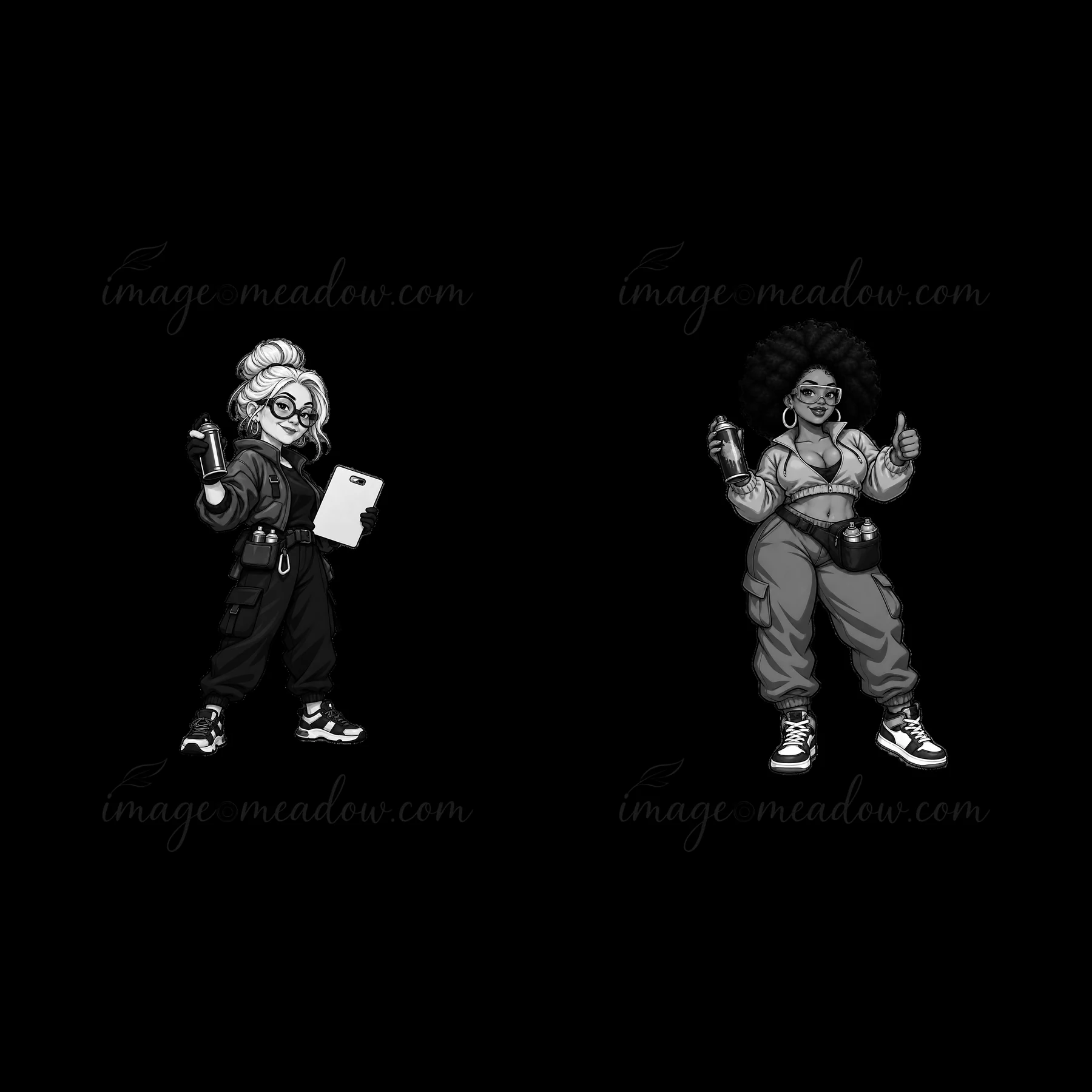 Two graffiti artists wear stylish streetwear in a monochrome style. One artist holds a spray can and a clipboard, while the other gives a thumbs up. They stand