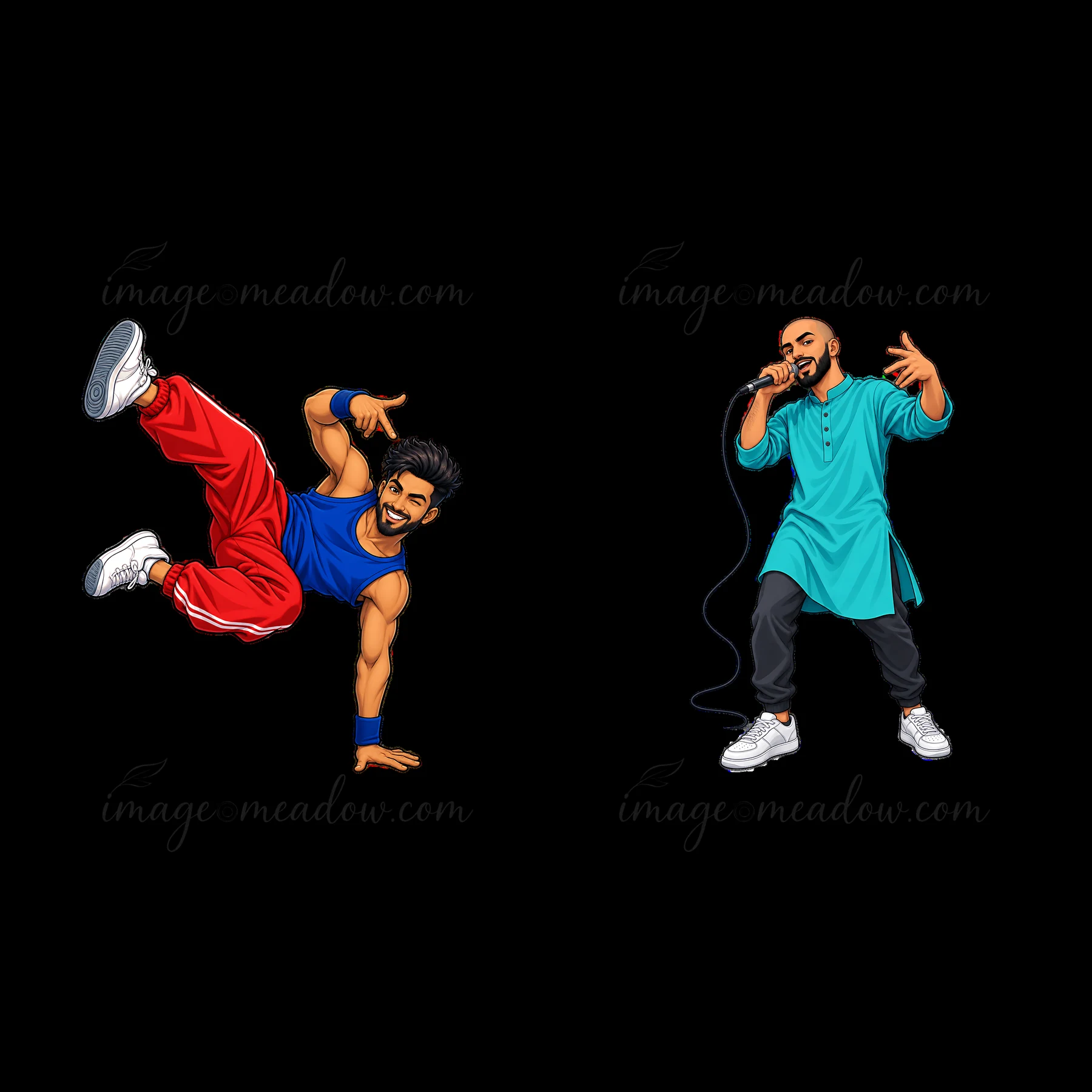 Two hip-hop artists are shown in action. One breaks dancing with his hand on the ground, while the other sings into a microphone. The scene features bright colo