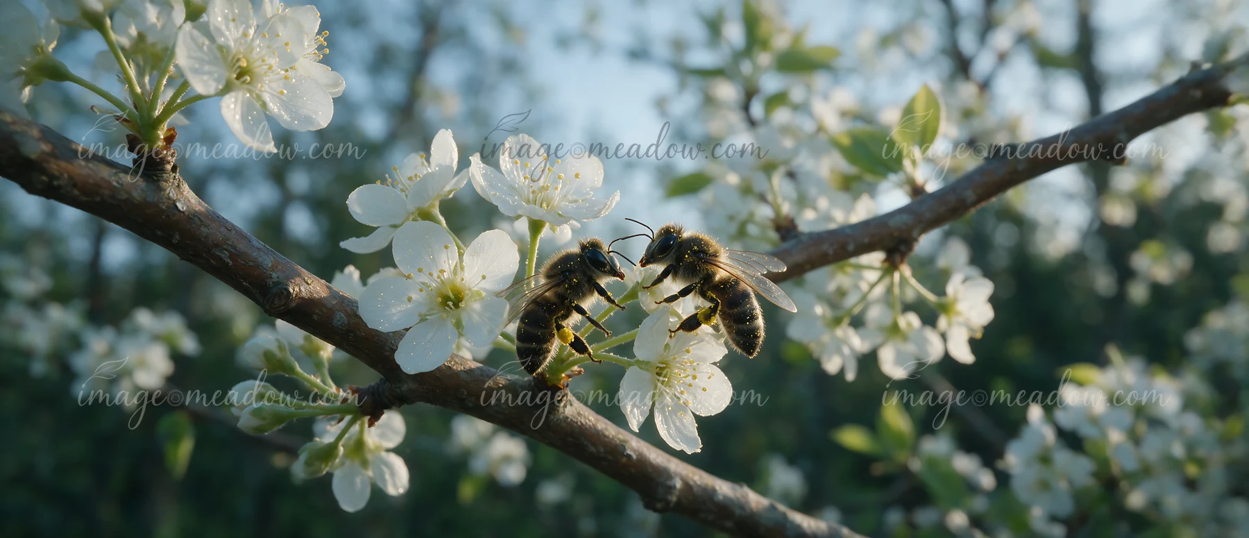 Two honey bees interact with each other on a branch surrounded by white blossoms in a natural setting.