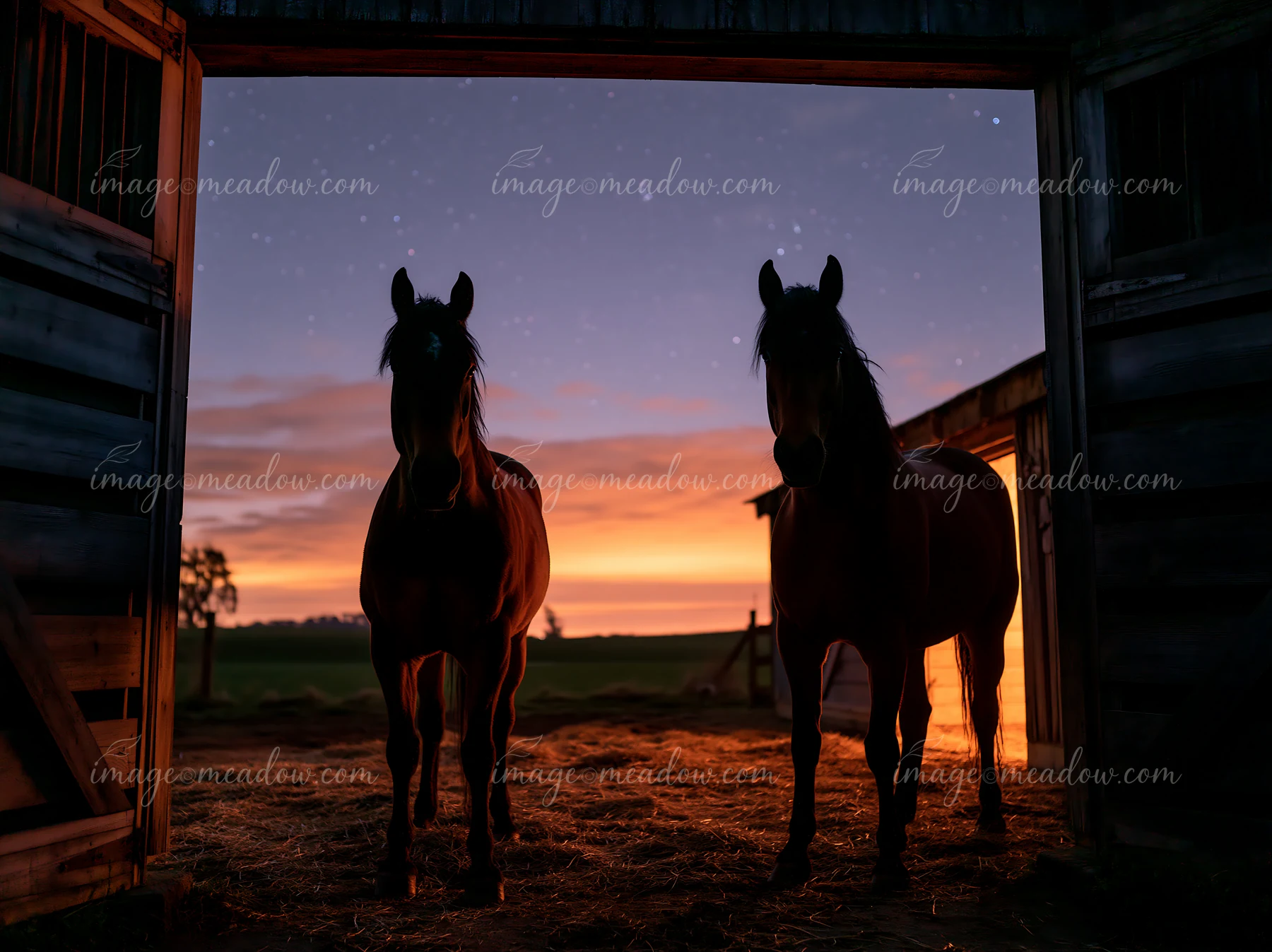 Two horse silhouettes against a starry sky stand in the entrance of a stable, with a gradient orange glow from the sunset illuminating the background.