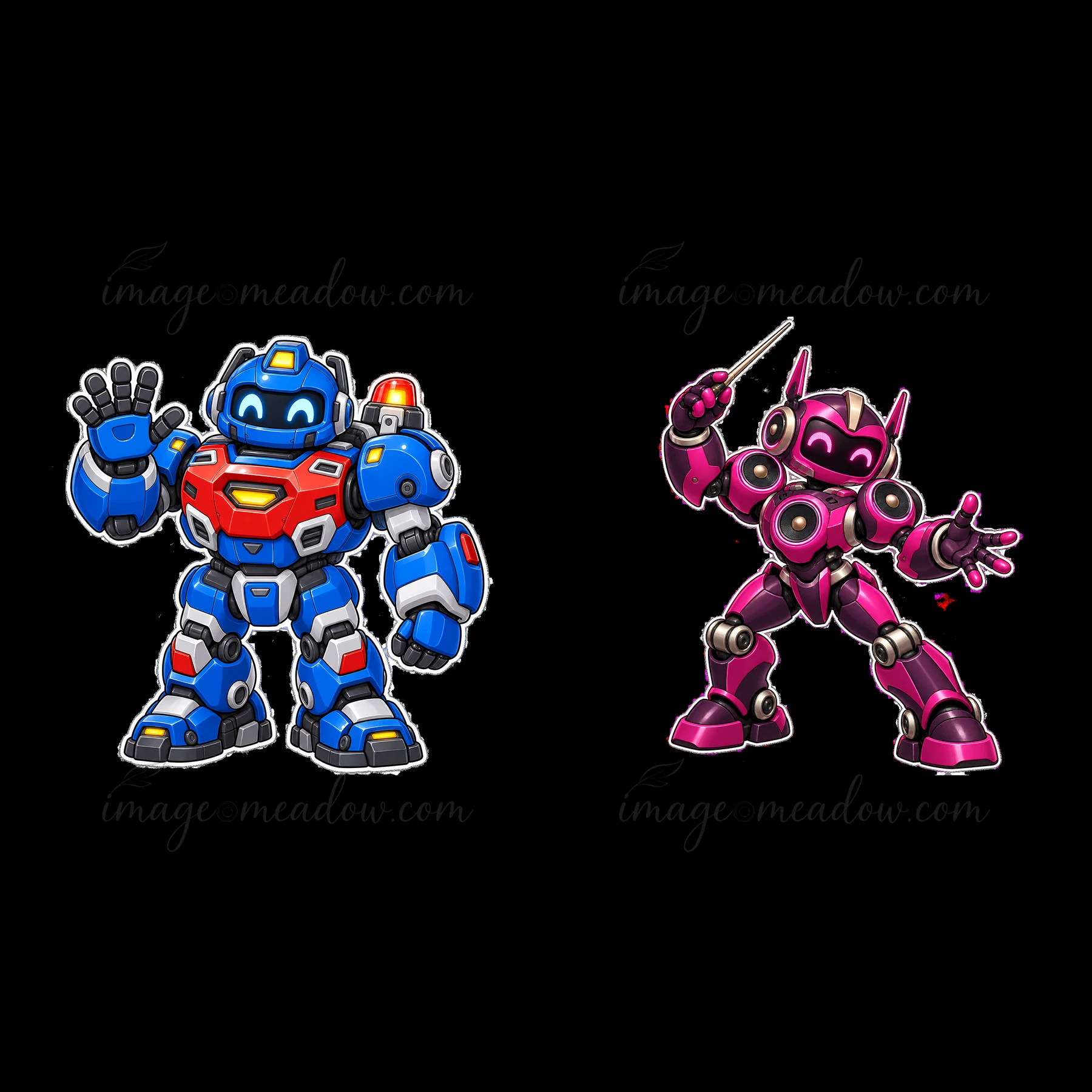 Two mech robots interact in a playful manner. The first robot is blue with red accents, while the second robot is pink with black highlights. Both robots displa