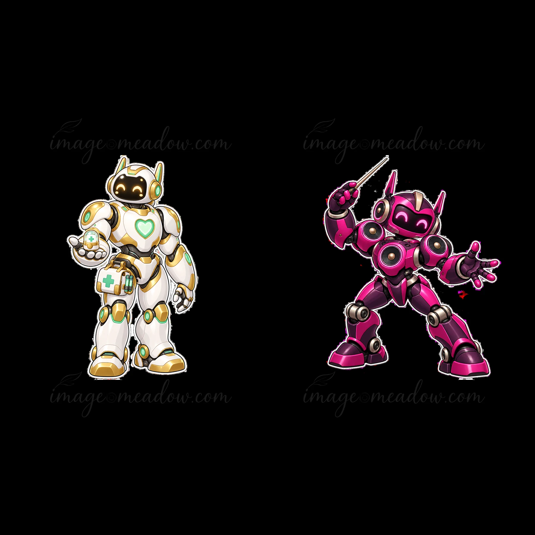 Two mech robots stand side by side. The first robot is white with green accents and a medical symbol. The second robot is pink with bold black details and a too
