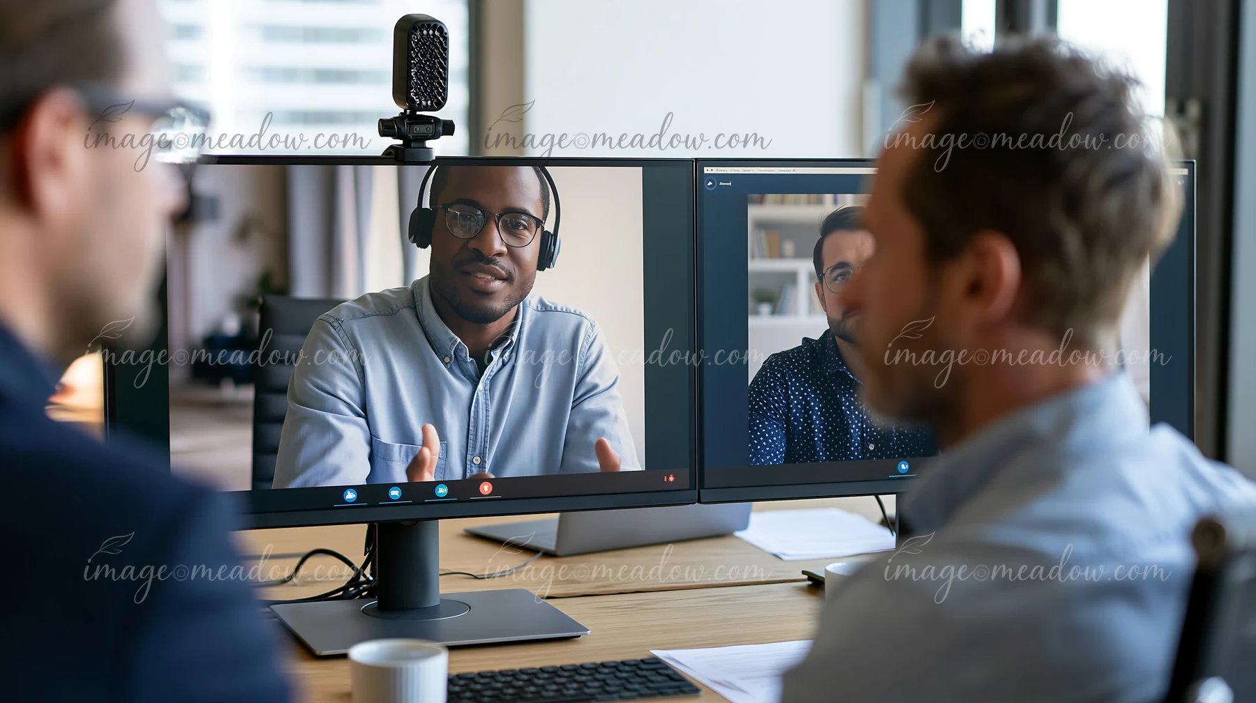 Two men conduct a remote business interview through dual computer monitors in an office.