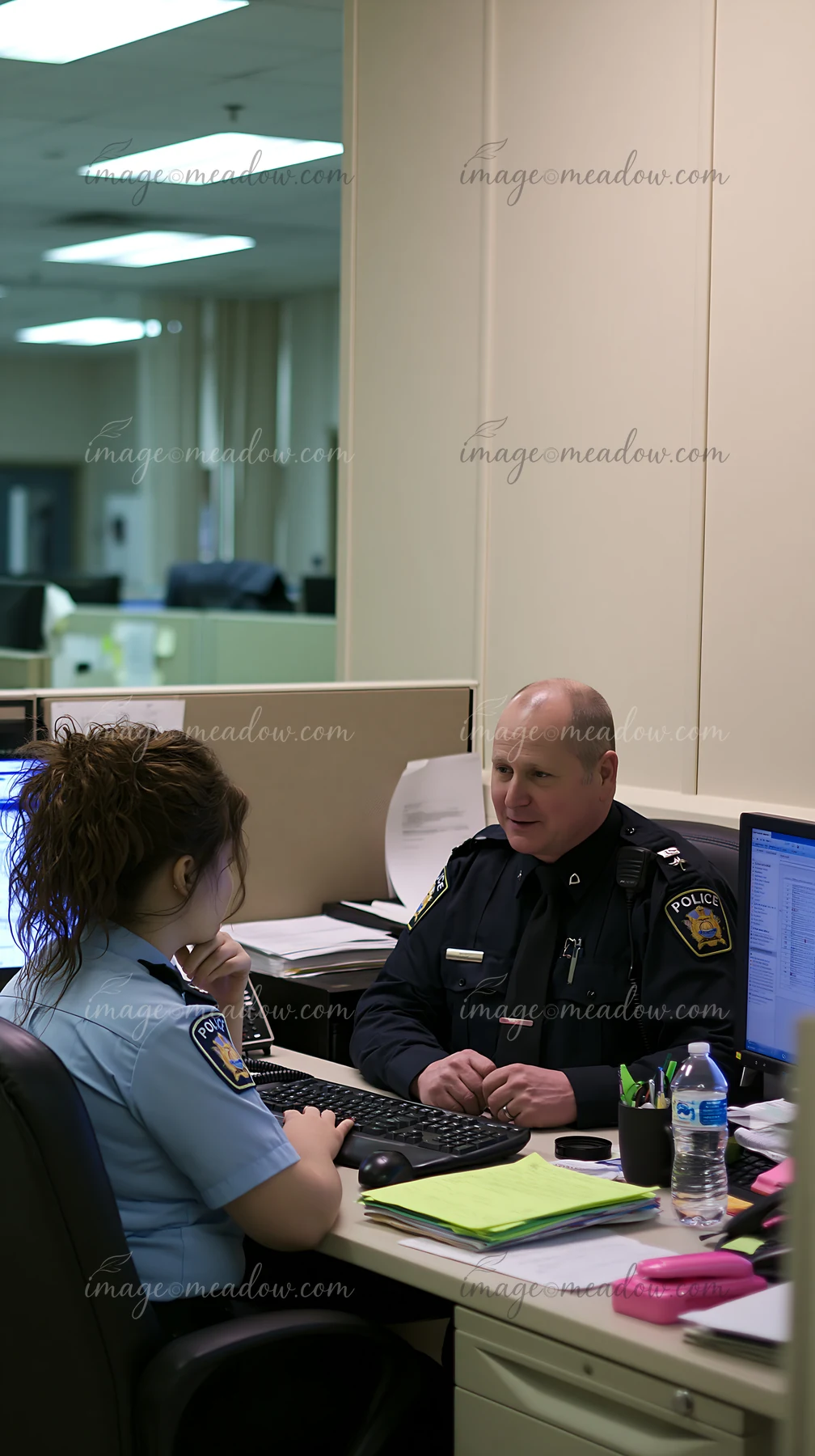 Two police officers discuss workplace policy at a desk in an office.