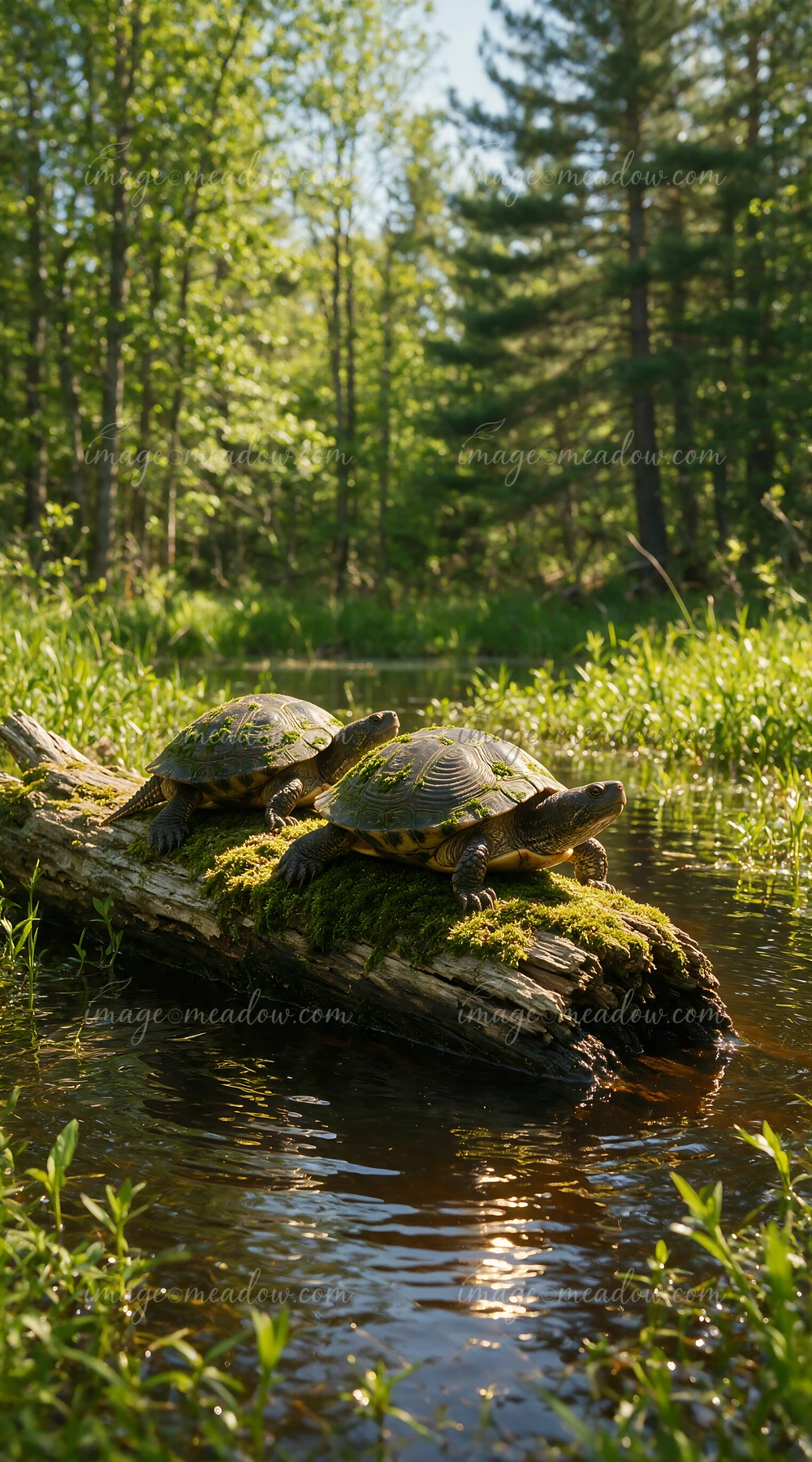 Two turtles rest on a moss-covered log above a woodland pond surrounded by sunlit trees.
