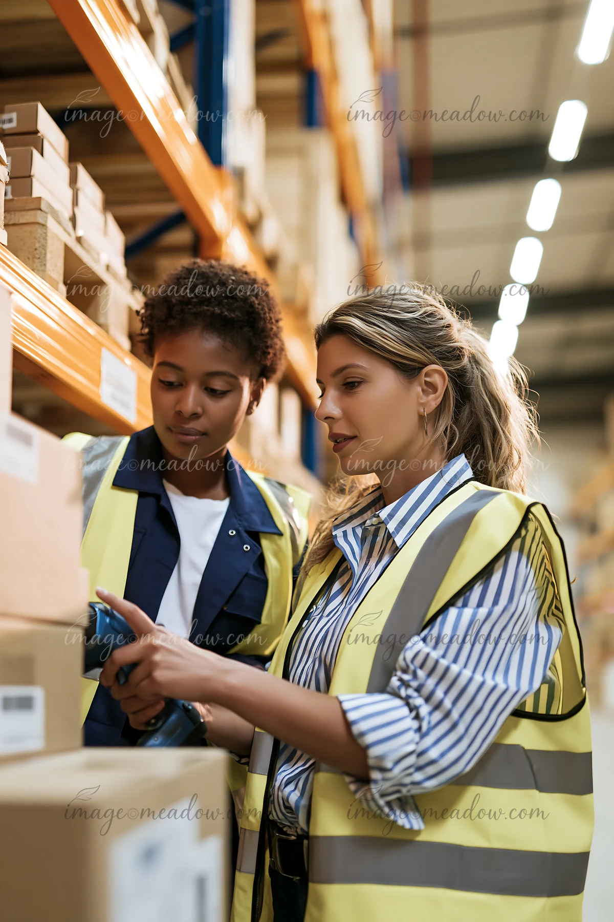 Two women in safety vests review warehouse boxes while one mentors the other using a handheld scanner.