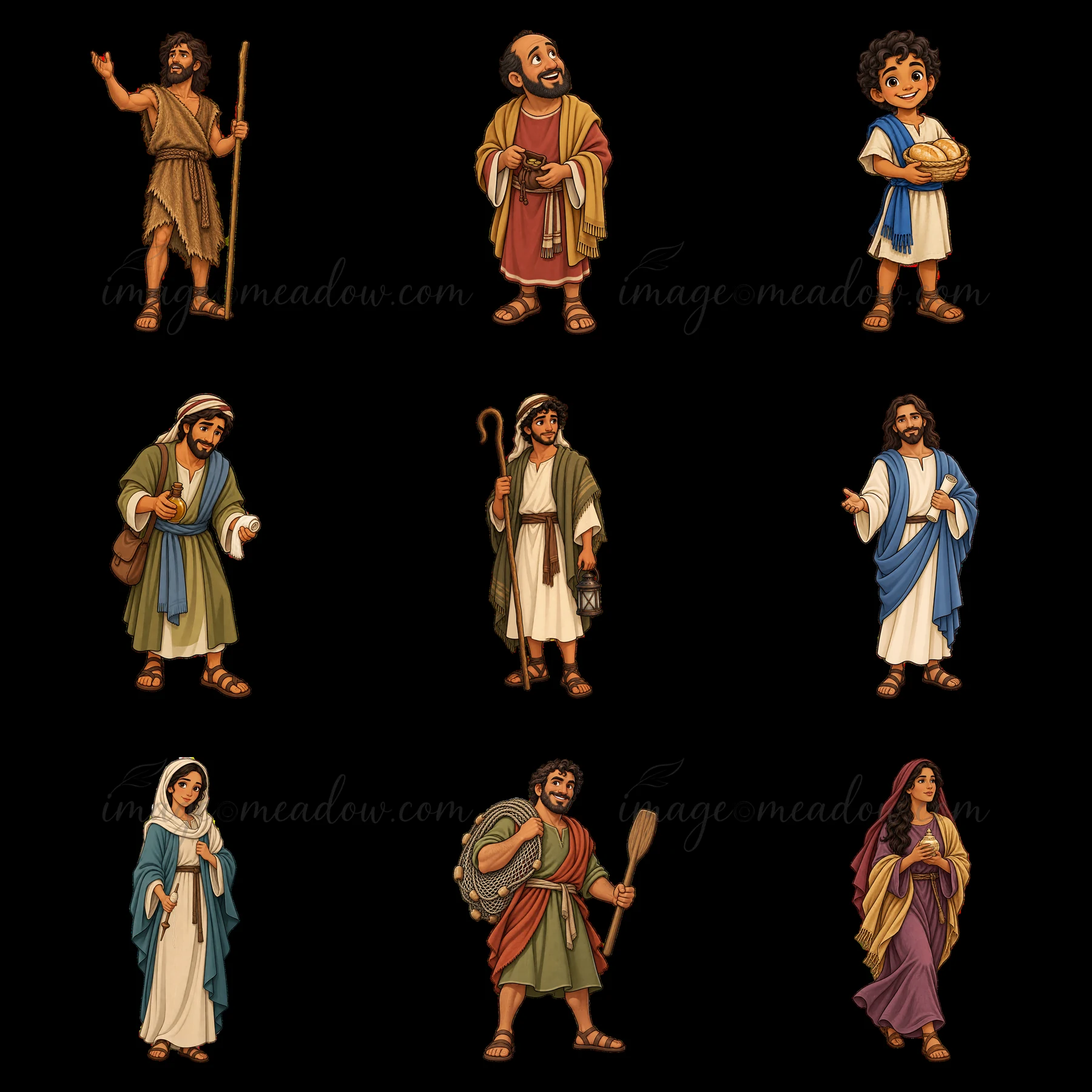 Nine cartoon characters are arranged in a grid. The characters depict figures from biblical stories, including men, women, and a child, with various accessories