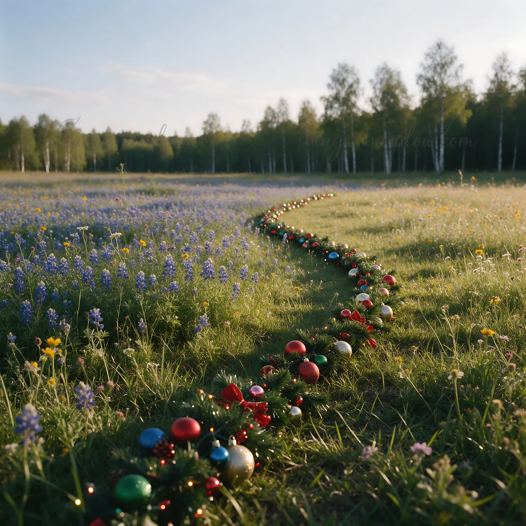 A Christmas garland with red and blue ornaments winds through green meadow grass filled with small flowers. The sunset casts a warm light over the scene, highli