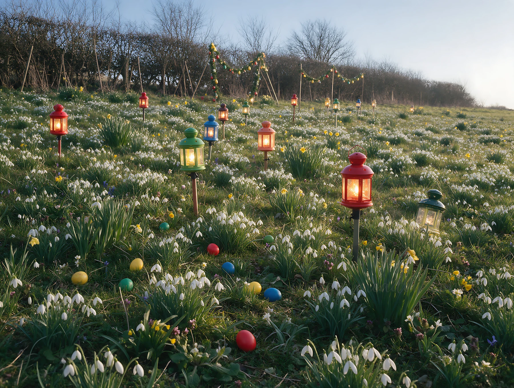 Colorful lanterns are placed throughout a meadow filled with white flowers. The scene is set during winter with bright colors contrasting against the natural su