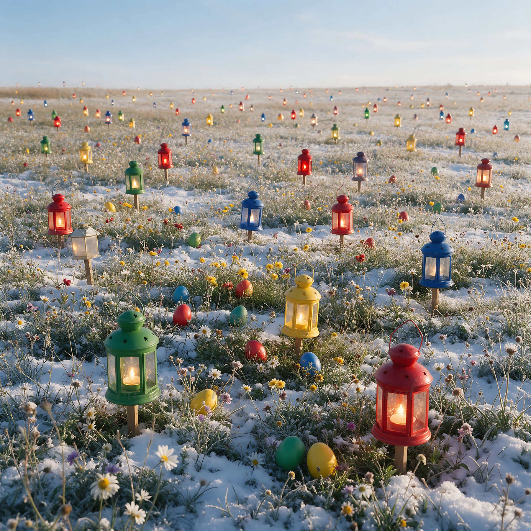 Colorful lanterns stand in a snowy meadow filled with small eggs. The scene depicts a bright winter day, capturing the festive spirit of the holiday season.