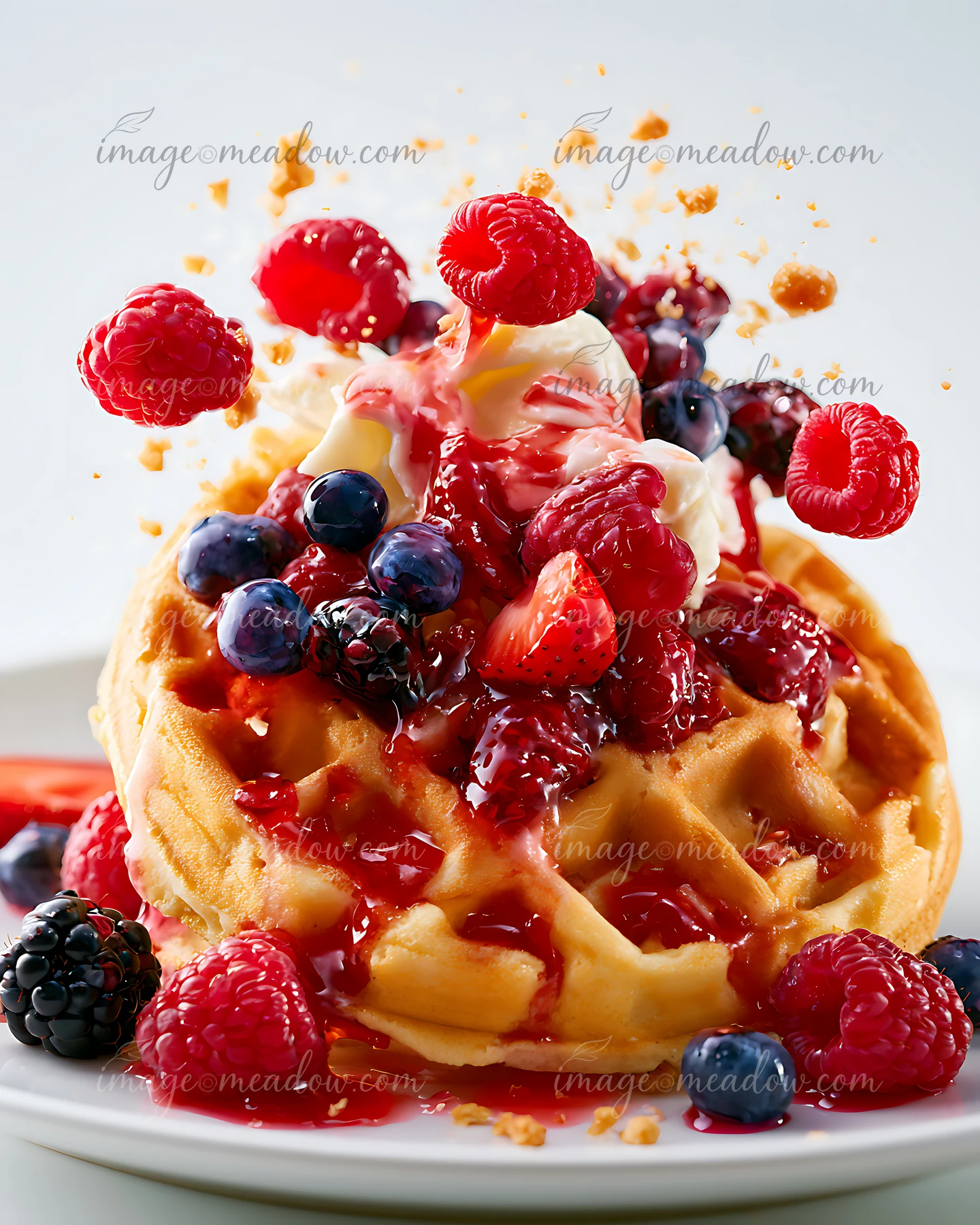 Waffle serves as a base for a pile of fresh berries and ice cream, with berry sauce and crumbs scattered around, showing a bright and colorful dessert.