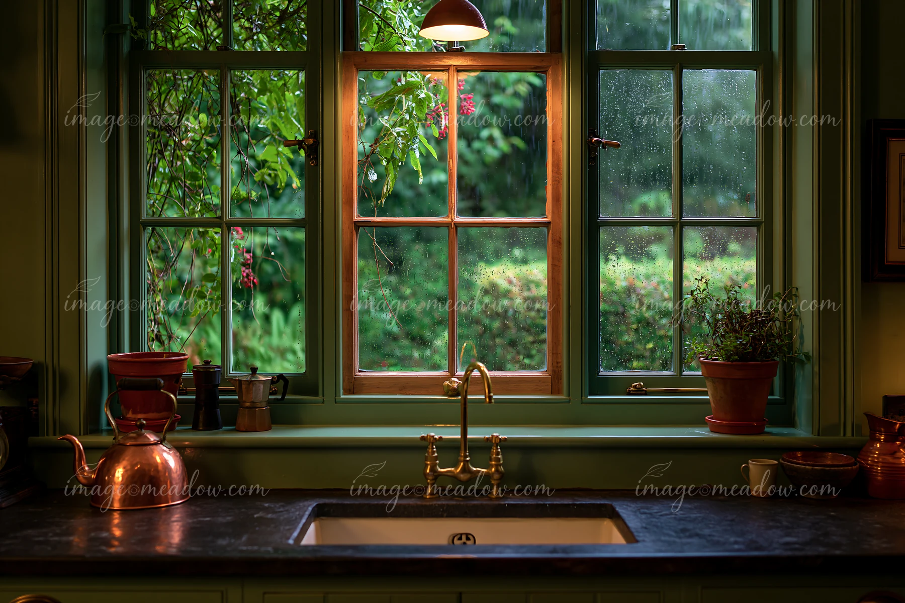 Water droplets cover the wooden window in a rural home’s kitchen, showcasing plants outside.