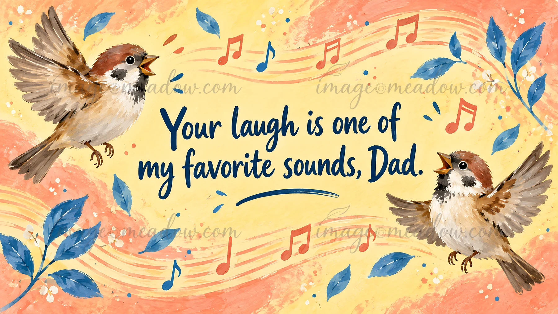 A warm watercolor-style greeting shows two brown-and-white birds facing each other around the message “Your laugh is one of my favorite sounds, Dad.” Musical no