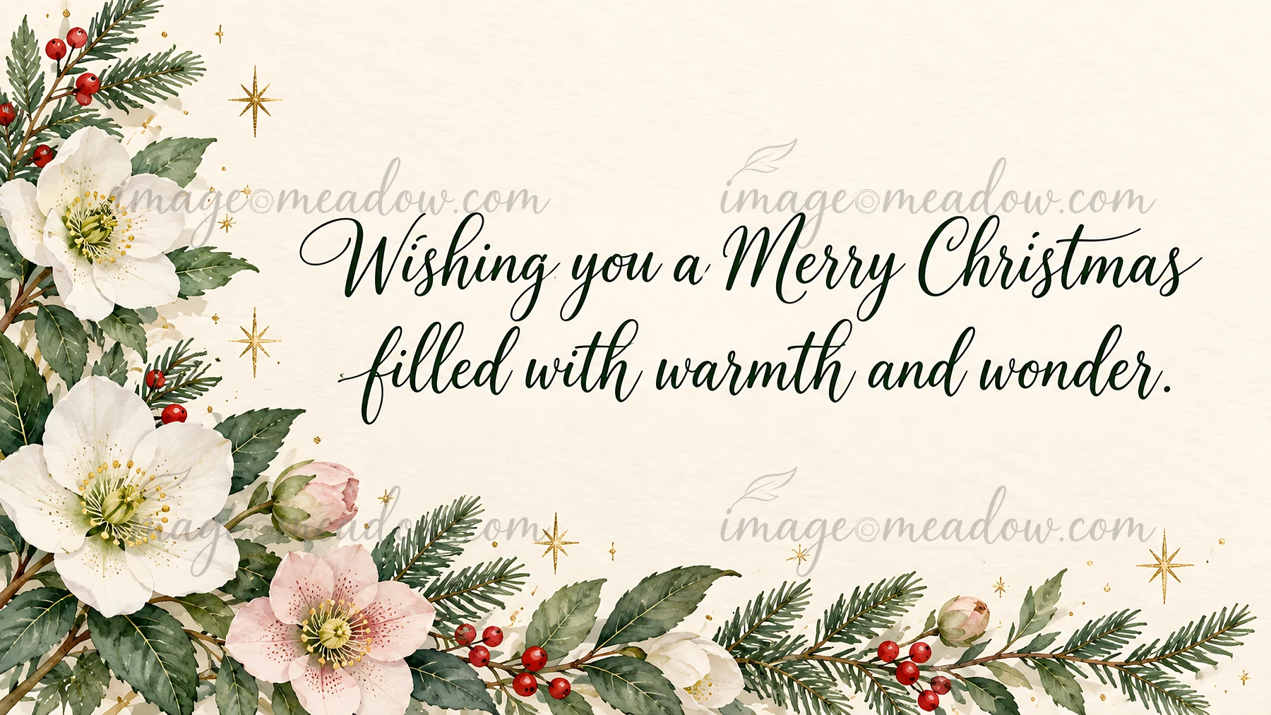 A cream textured Christmas card design with dark green script reading “Wishing you a Merry Christmas filled with warmth and wonder.” White and blush blooms, eve