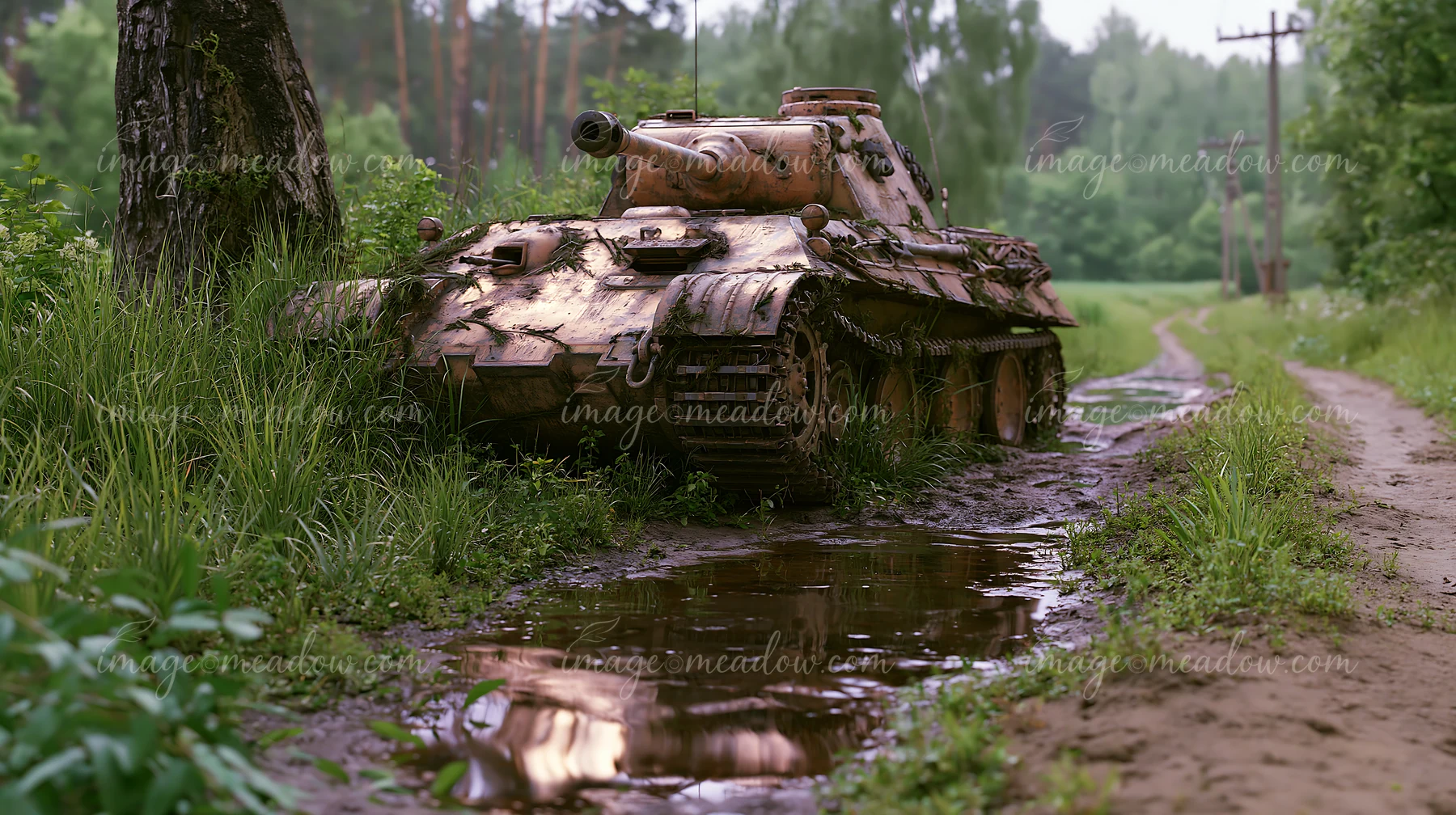 Weathered panzer tank surrounded by tall grass beside a muddy forest trail with puddles.
