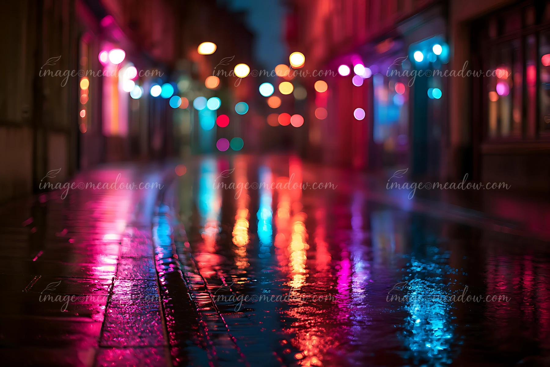 Wet streets show reflections of colorful lights from buildings and streetlamps.