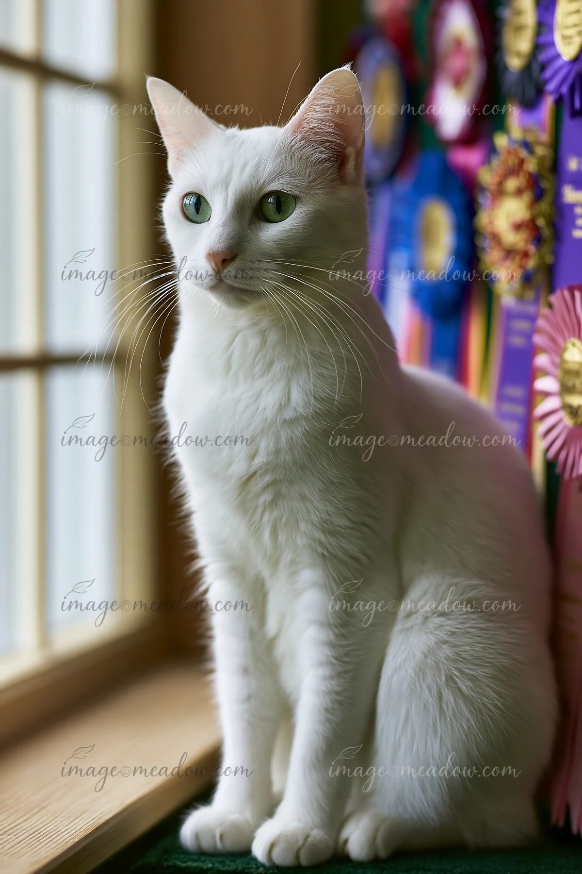 White cat sitting beside a window with colorful award ribbons at a cat show.