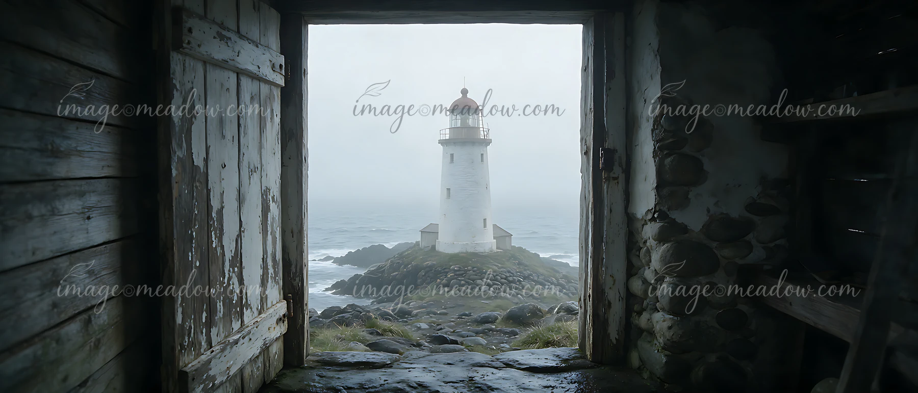 White lighthouse on a rocky coast seen through a weathered open doorway in heavy ocean fog.